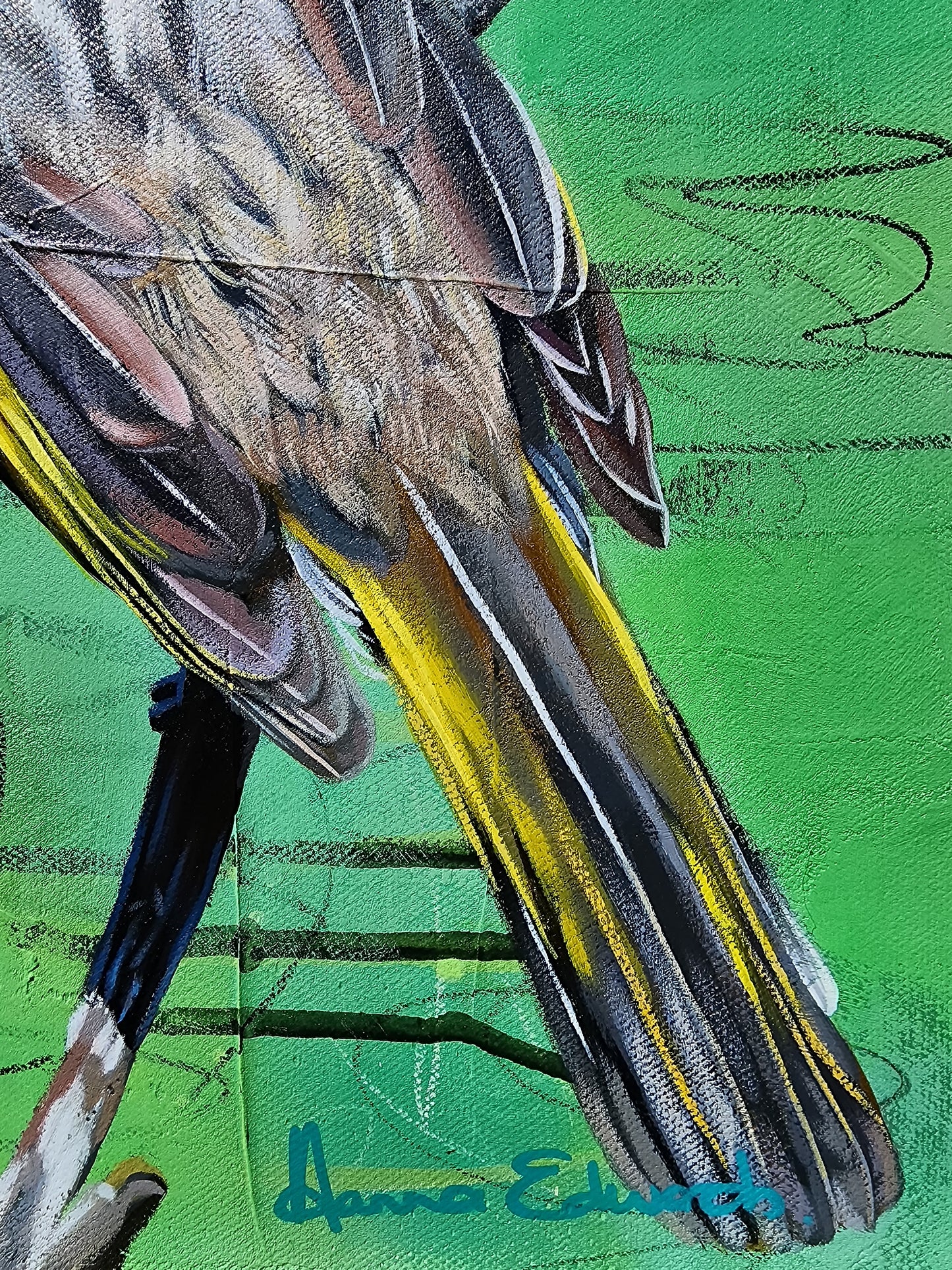 Artistic depiction of a bird with a green background with artist Hanna Edwards signature