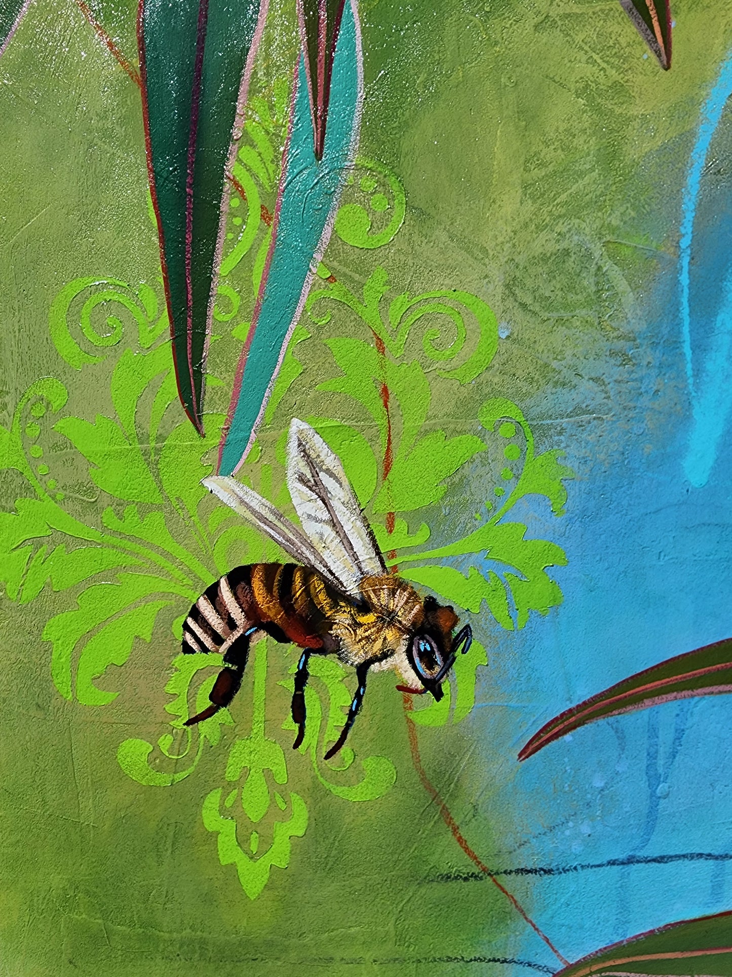 Painting of a bee on a green abstract background