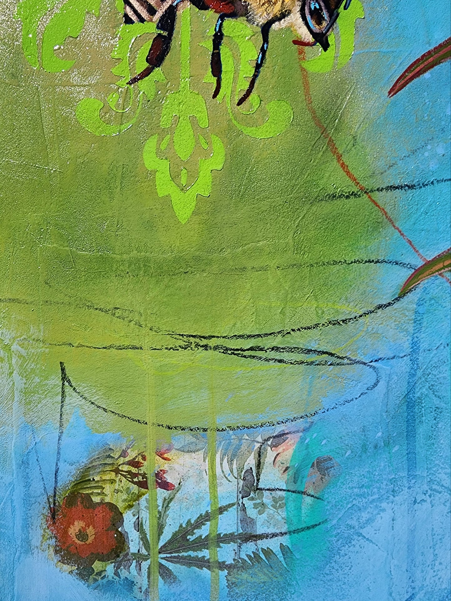 Artistic depiction of a bee and flowers with abstract elements on a textured background