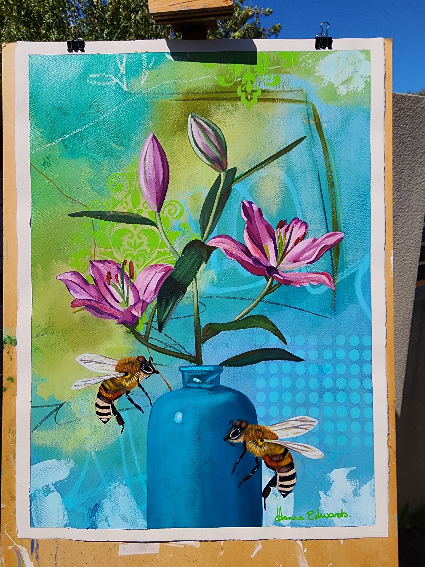 Artistic depiction of bees and flowers on a textured surface full piece on paper
