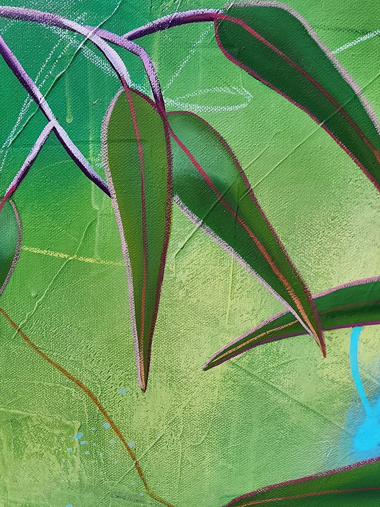 Close-up of green leaves with purple veins on a textured green background