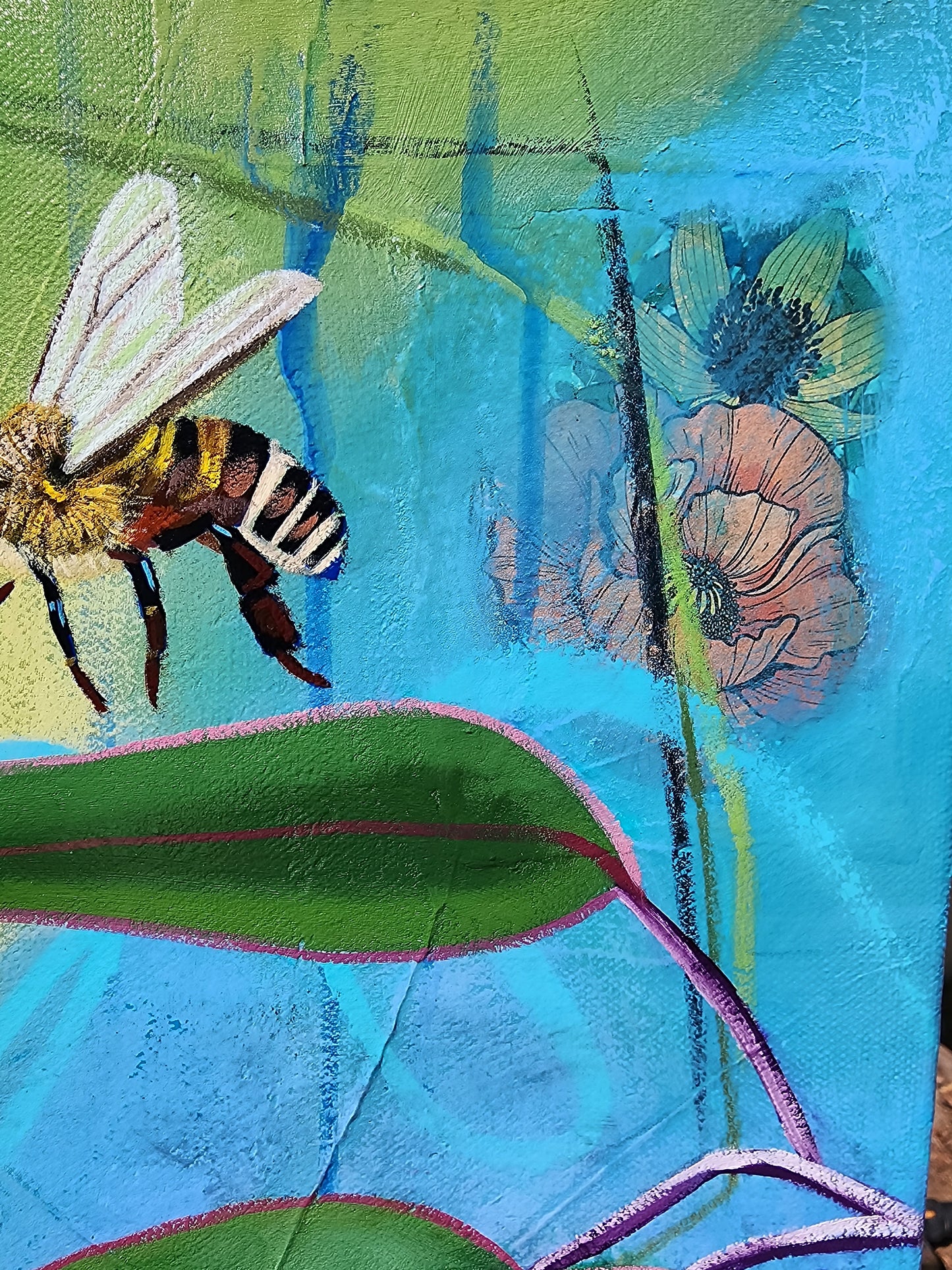 Abstract artwork with a bee and flowers on a textured blue background