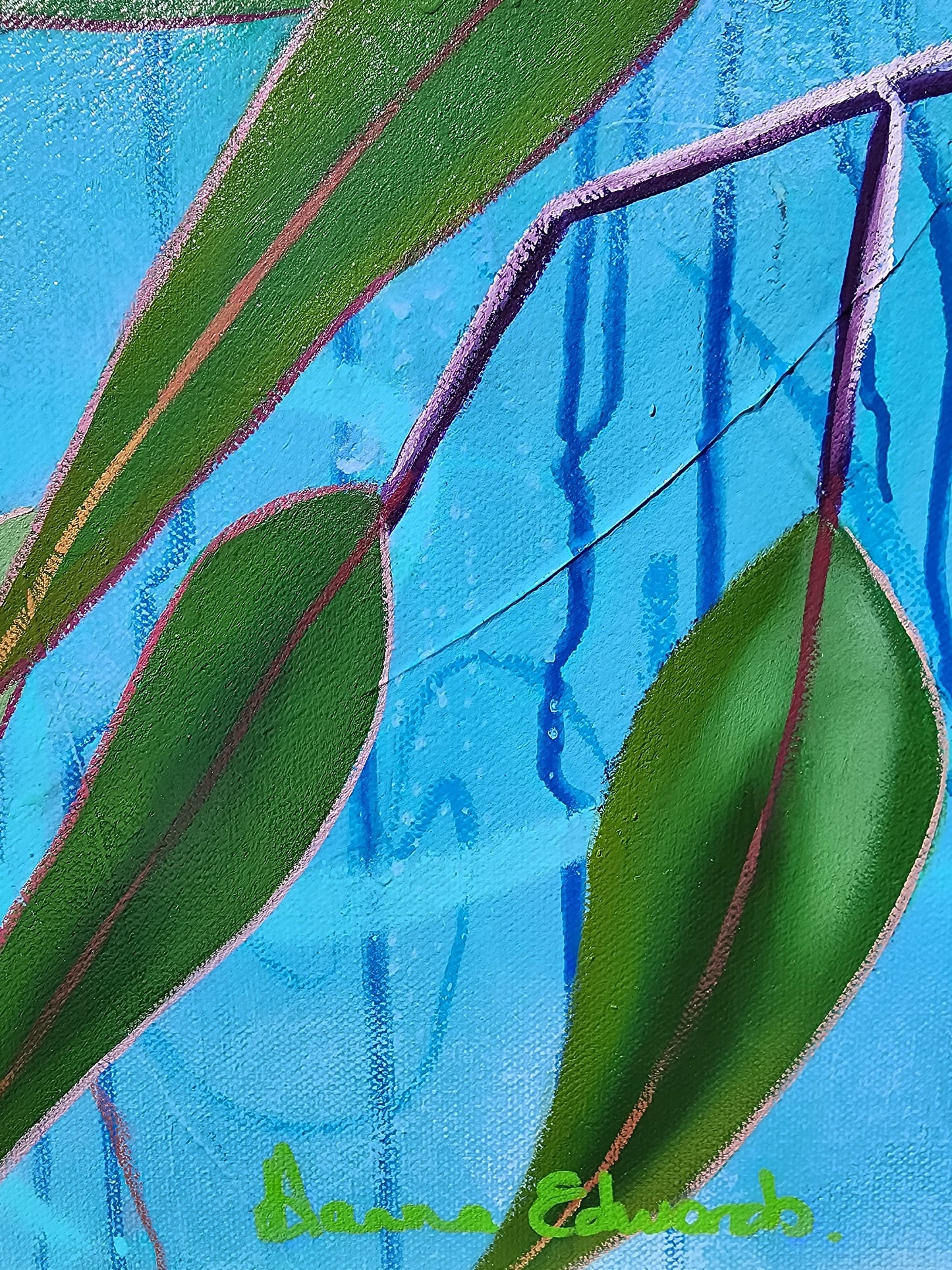 Artistic depiction of green leaves on a blue background with a signature in the corner.