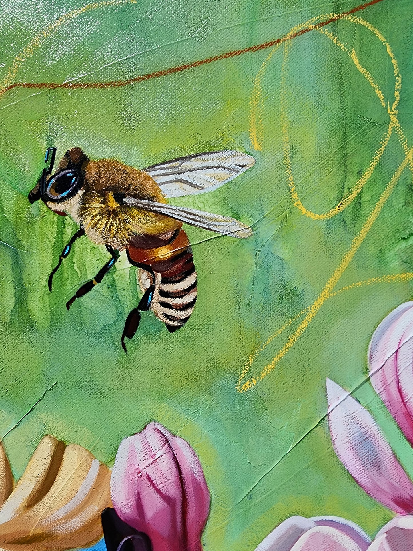 Painting of a bee on a green background with floral elements