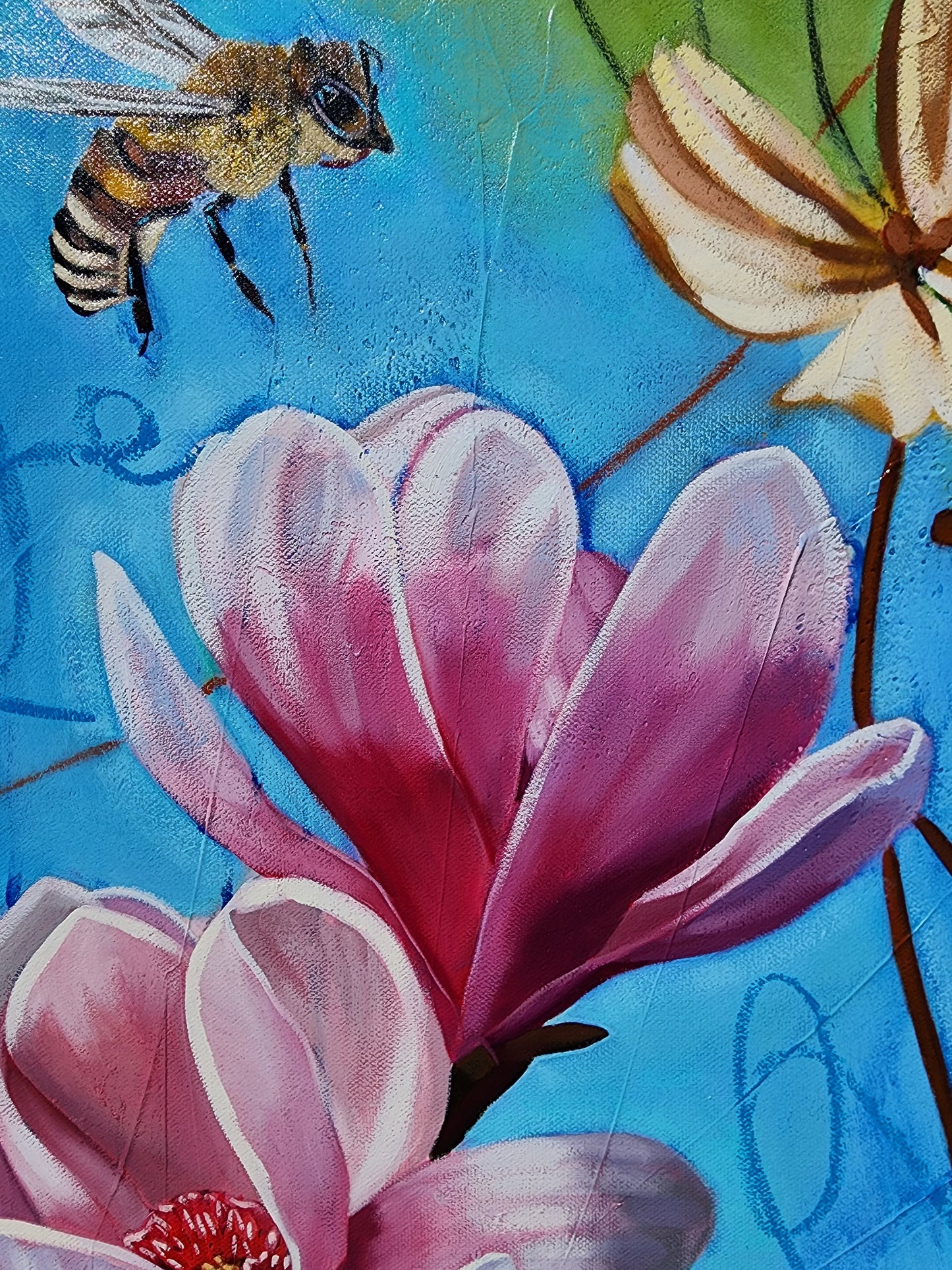 Painting of a pink flower with a bee on a blue background