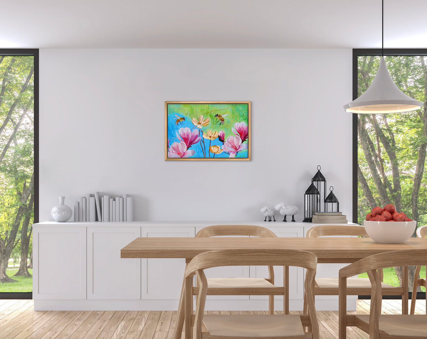 Dining room with a table, chairs, and a colorful floral painting on the wall.