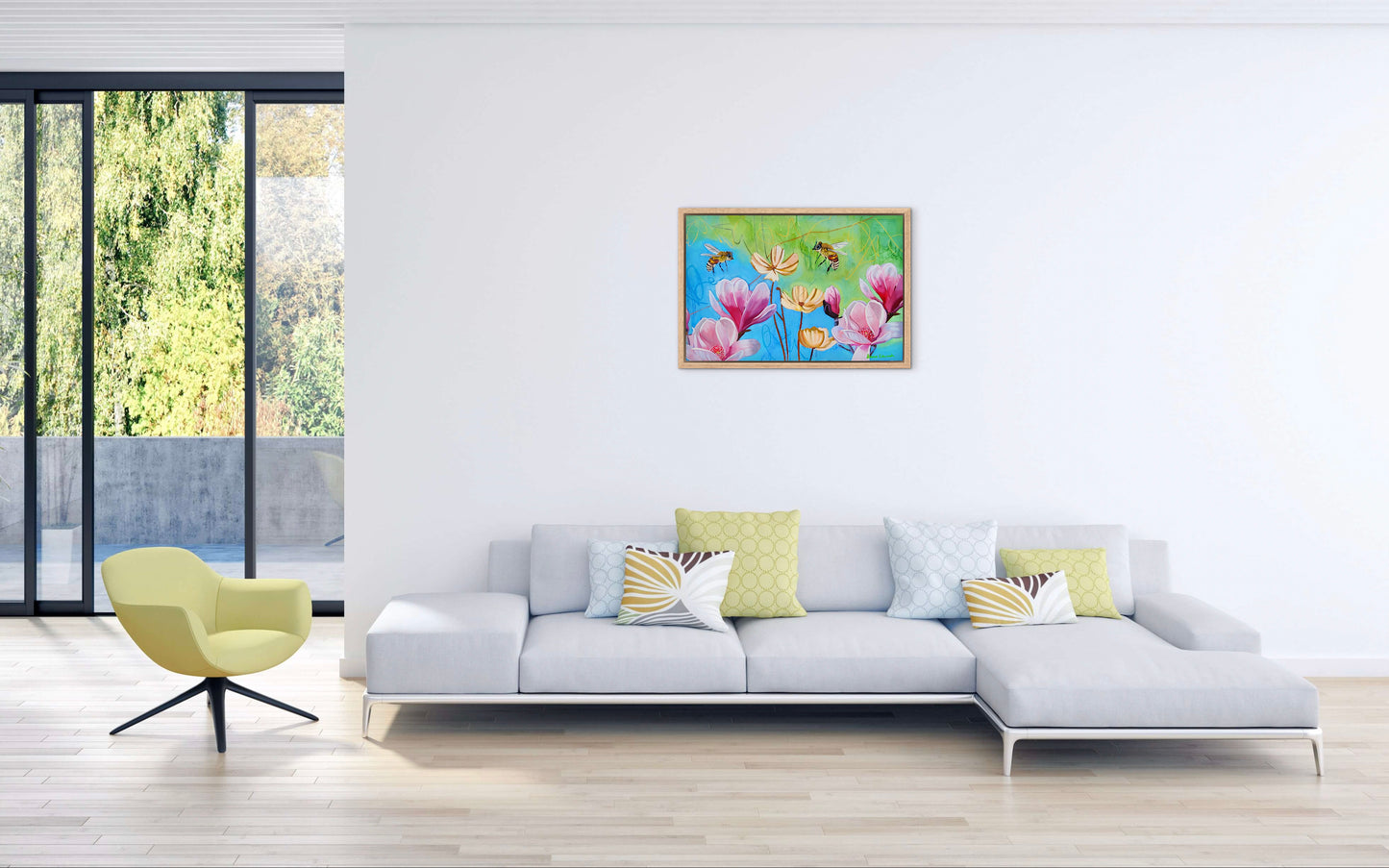 Modern living room with a white sofa, yellow armchair, and colorful abstract painting on the wall.