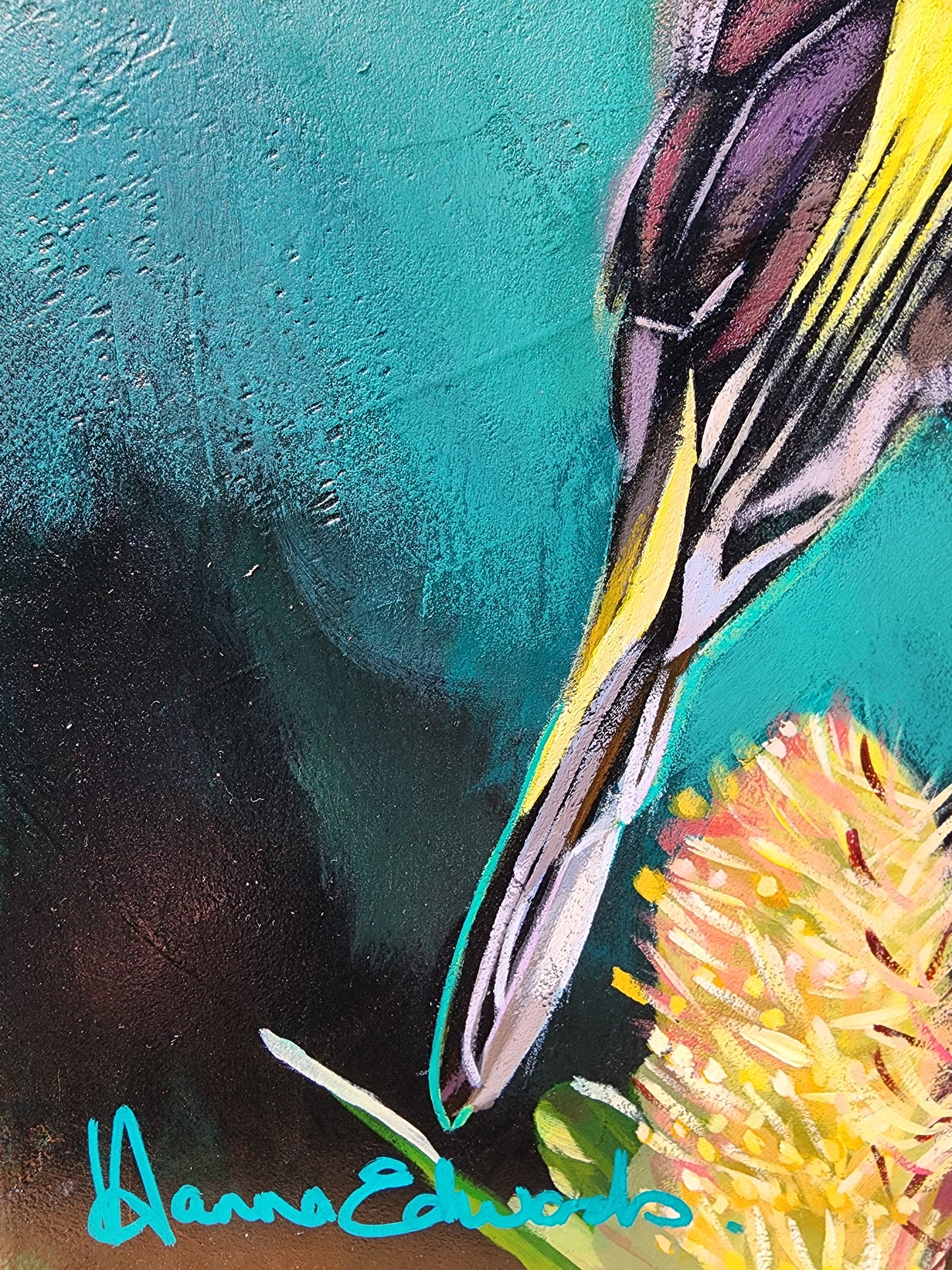 Abstract painting with a colorful honey eater bird on a teal background