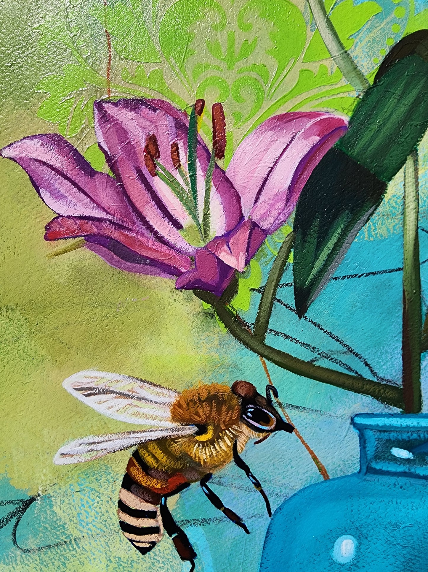 Painting of a bee on a purple flower with a blue background