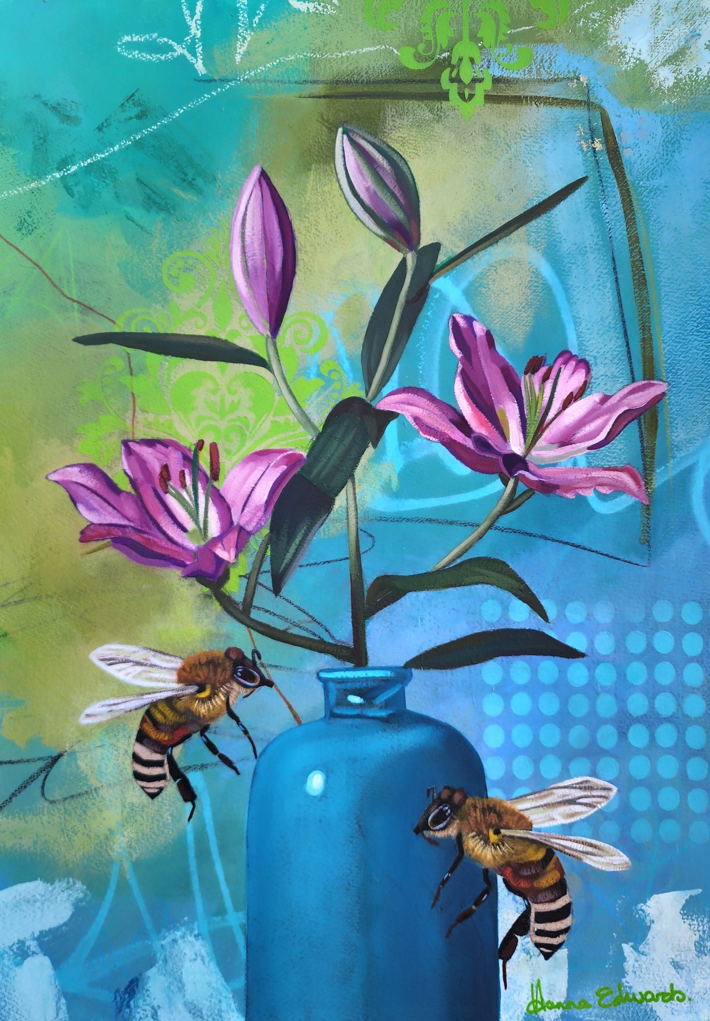 Artistic depiction of purple flowers in a blue vase with bees, on a colorful abstract background.