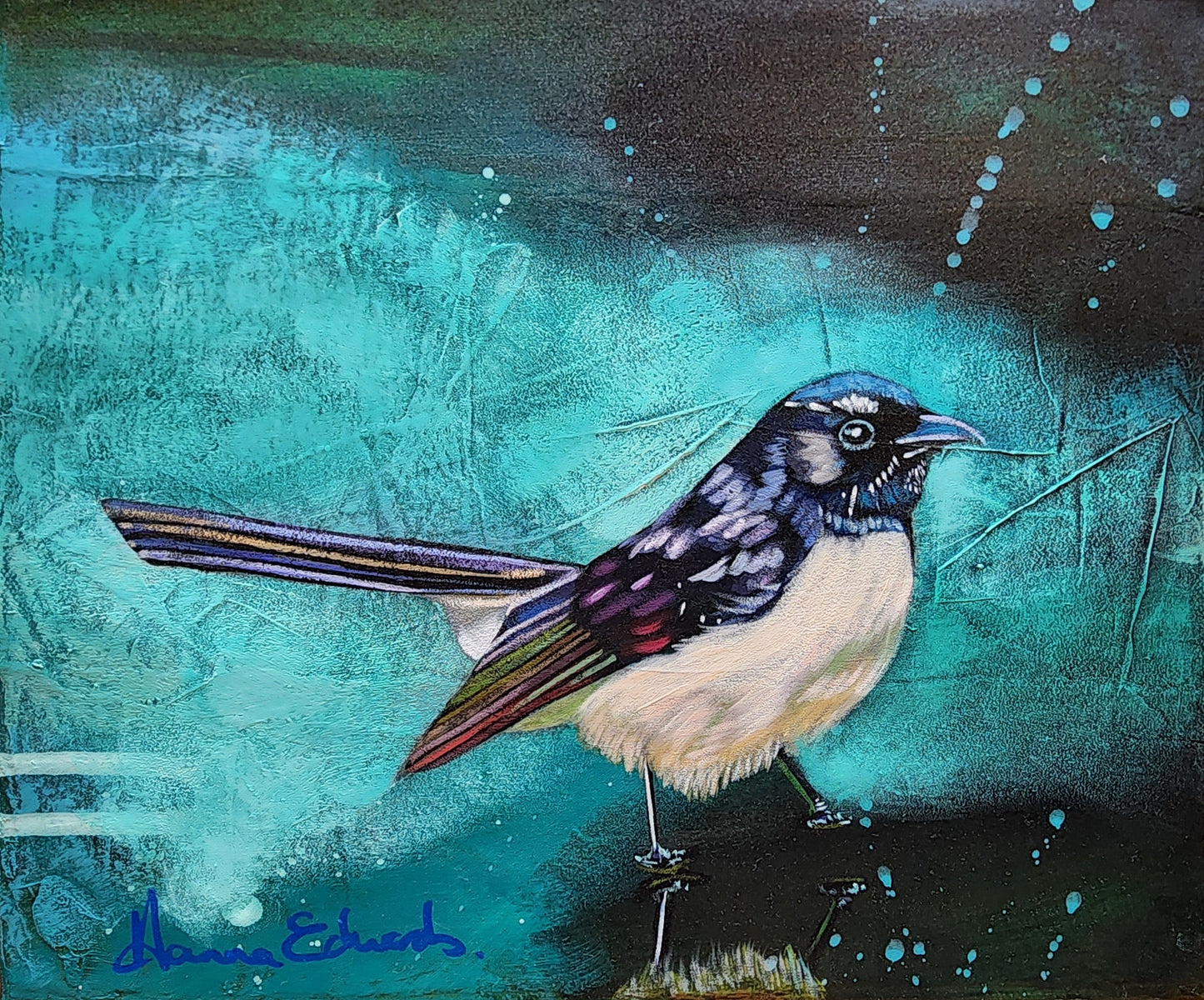 Artistic depiction of a bird on a textured teal and black background