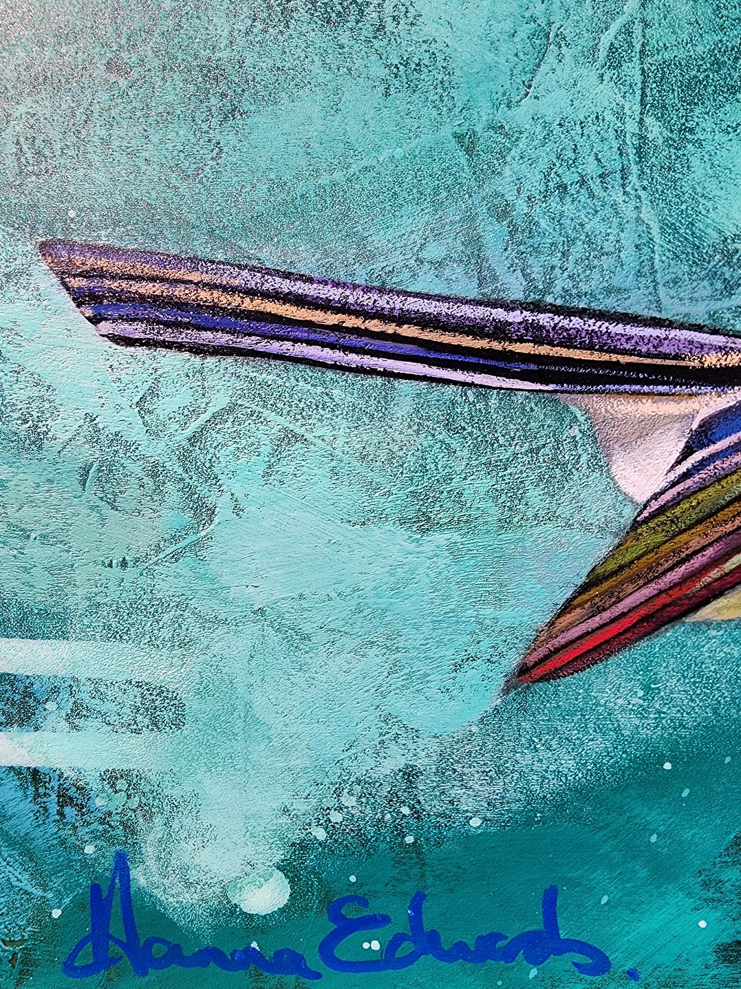 Close - up of bird tail on a textured teal background, signed 'Hanna Edwards'.