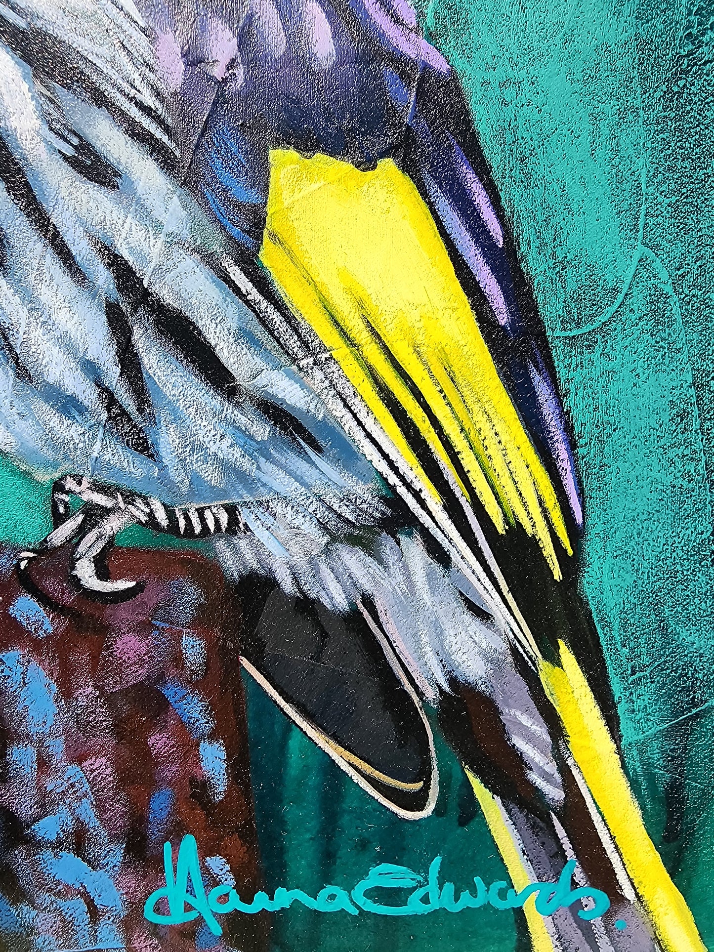 Artistic depiction of a bird with a yellow beak on a textured teal background