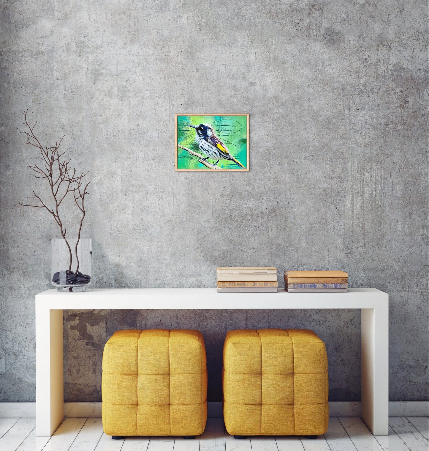 Framed artwork of a bird on a gray wall above a white console table with yellow stools.