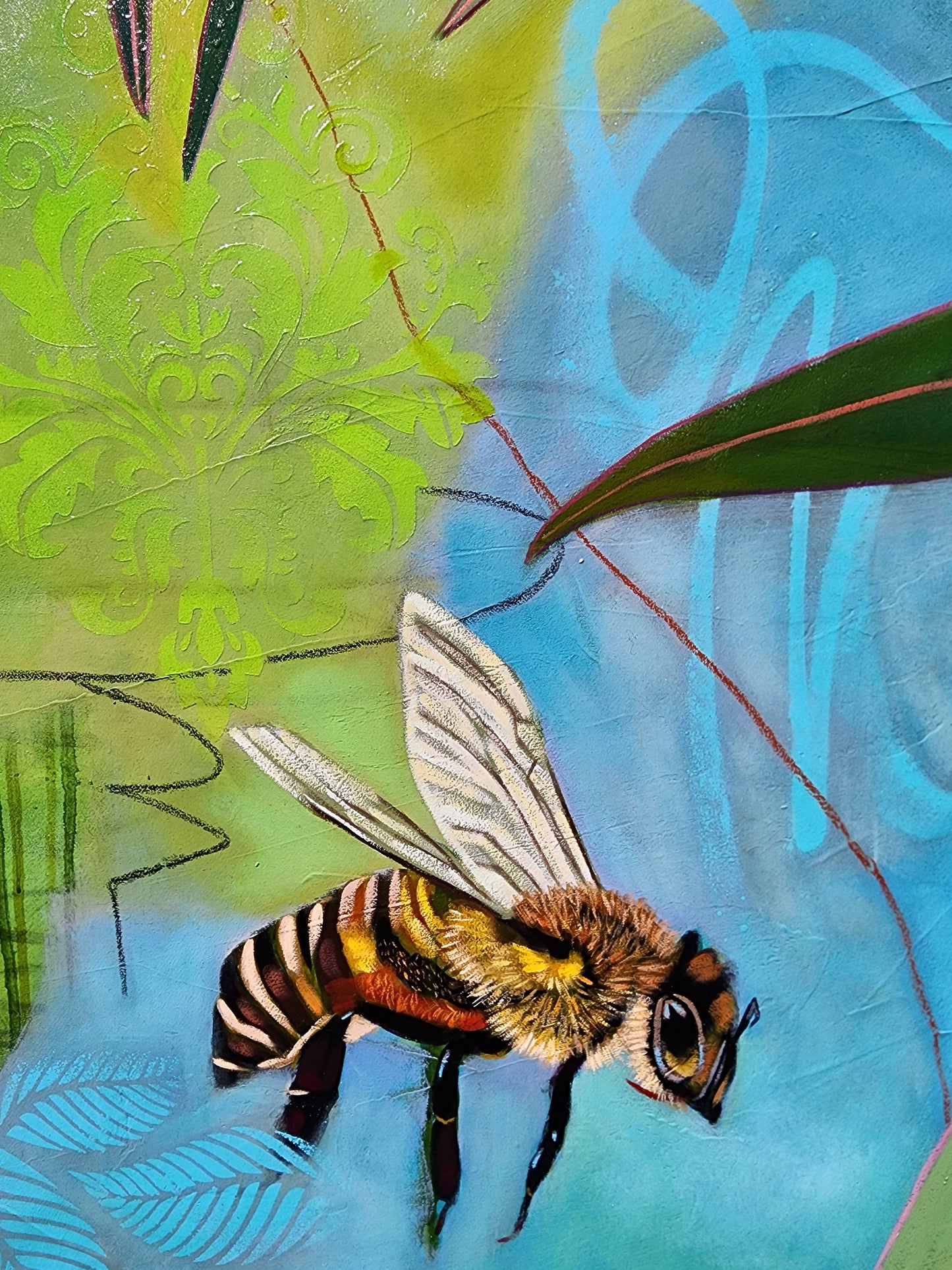 Artistic depiction of a bee on a textured fabric background