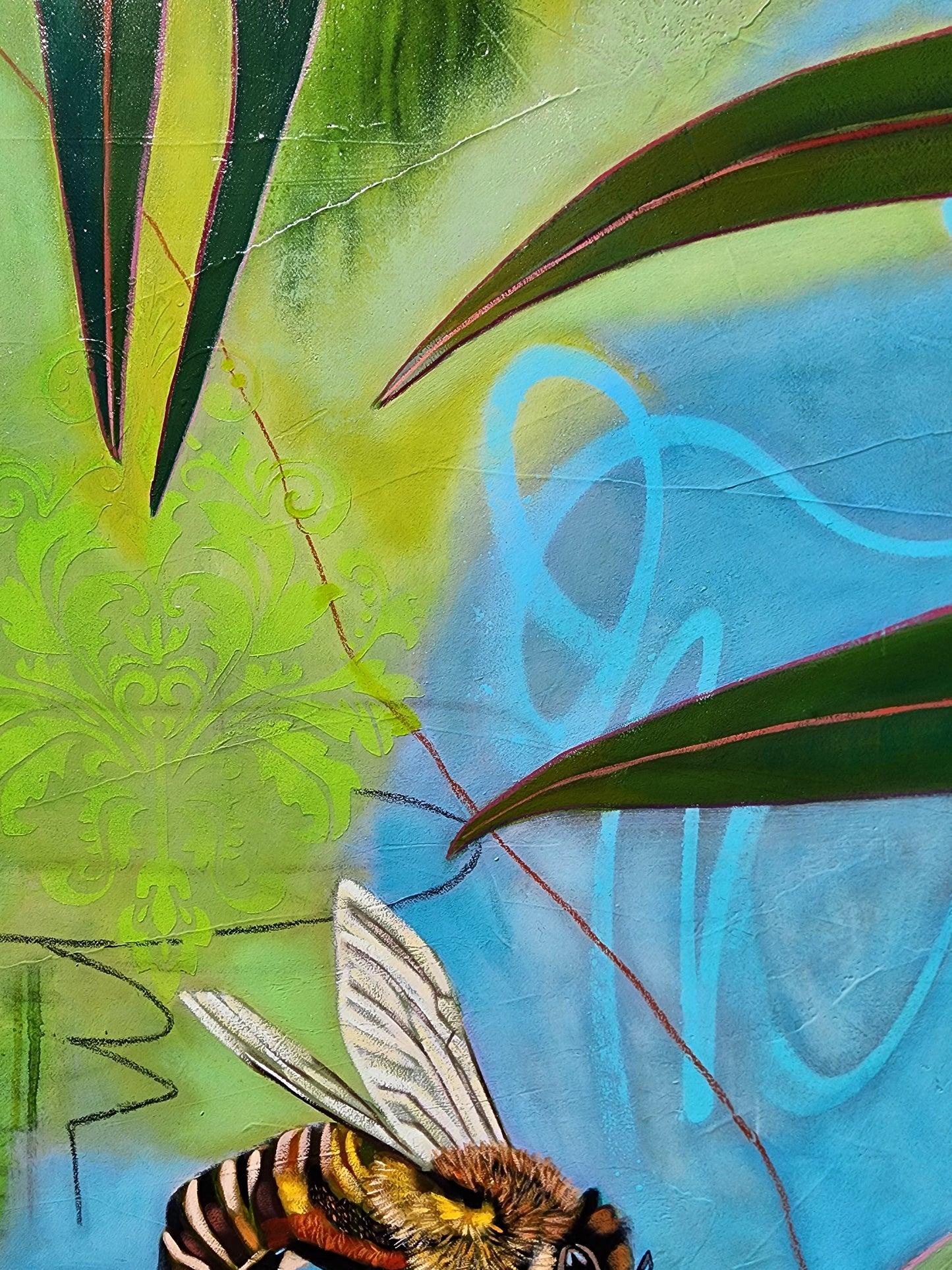 Abstract artwork with a bee and leaves on a blue and green background
