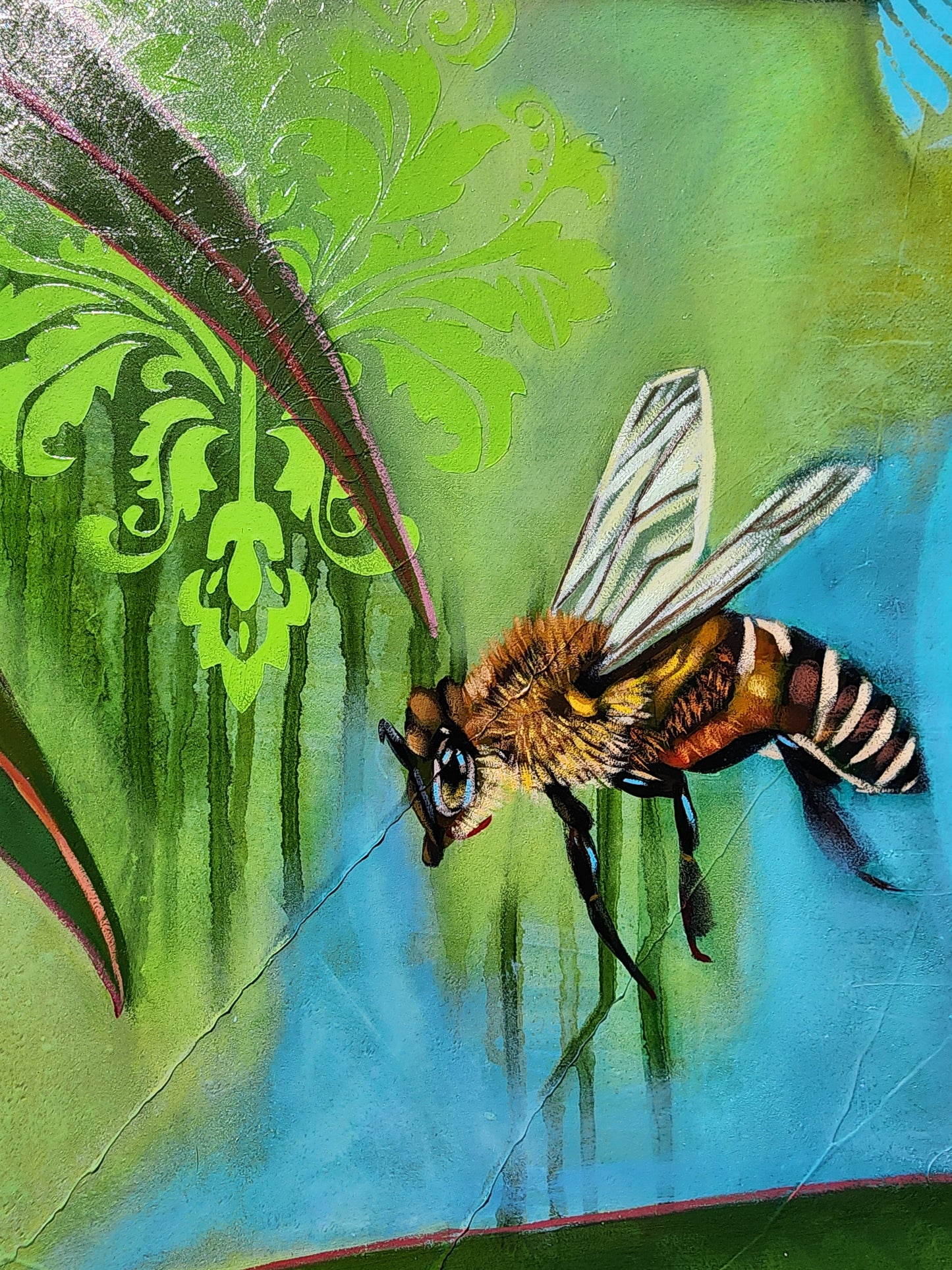 Colorful illustration of a bee on a leaf with a stylized background