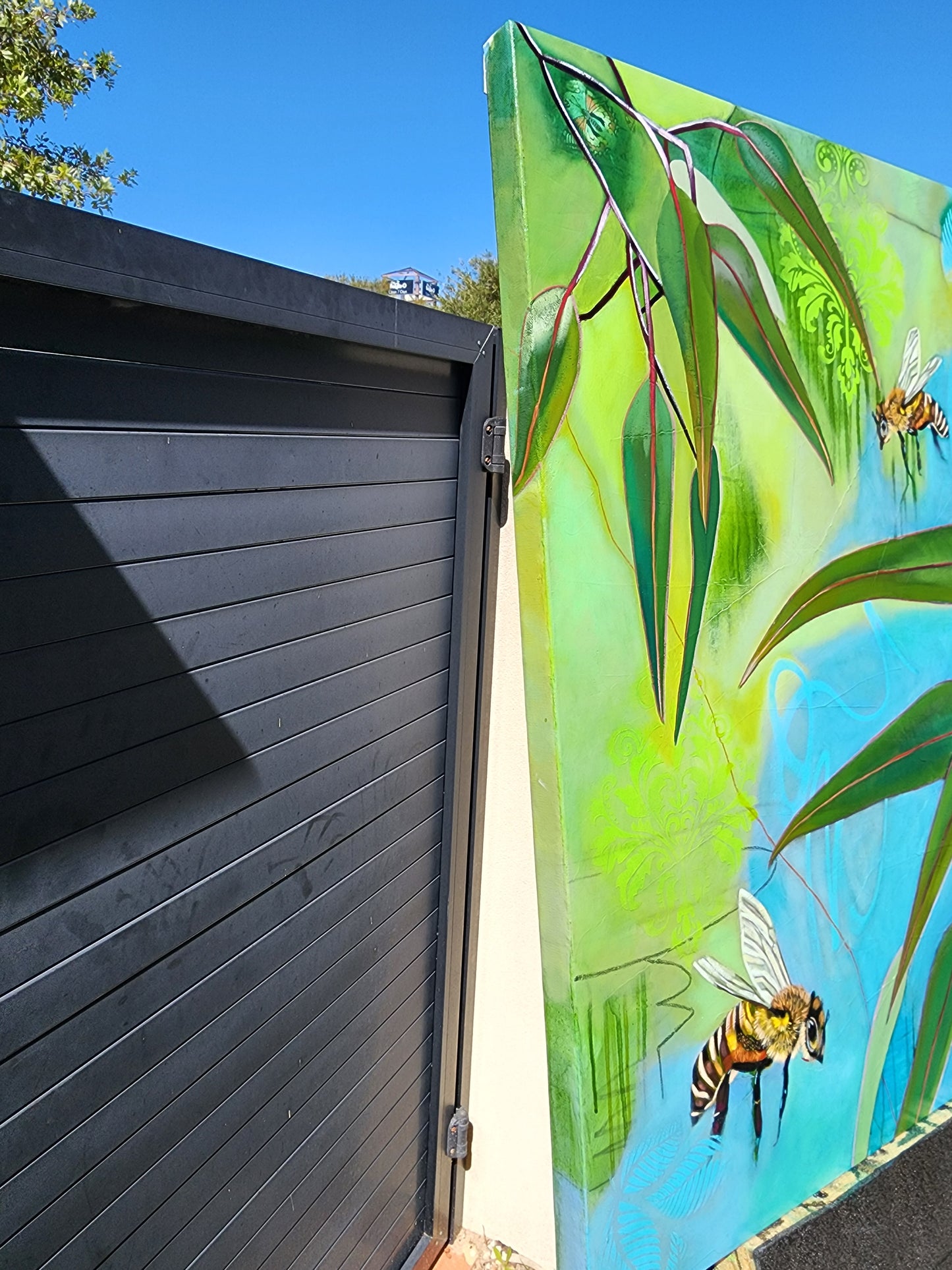 Side view of painting on a timber easle