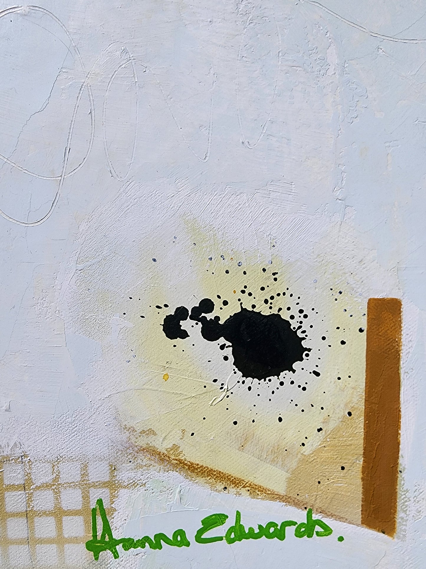 Abstract art piece with black dots and a brown rectangular shape on a textured white background, signed 'Hanna Edwards'.