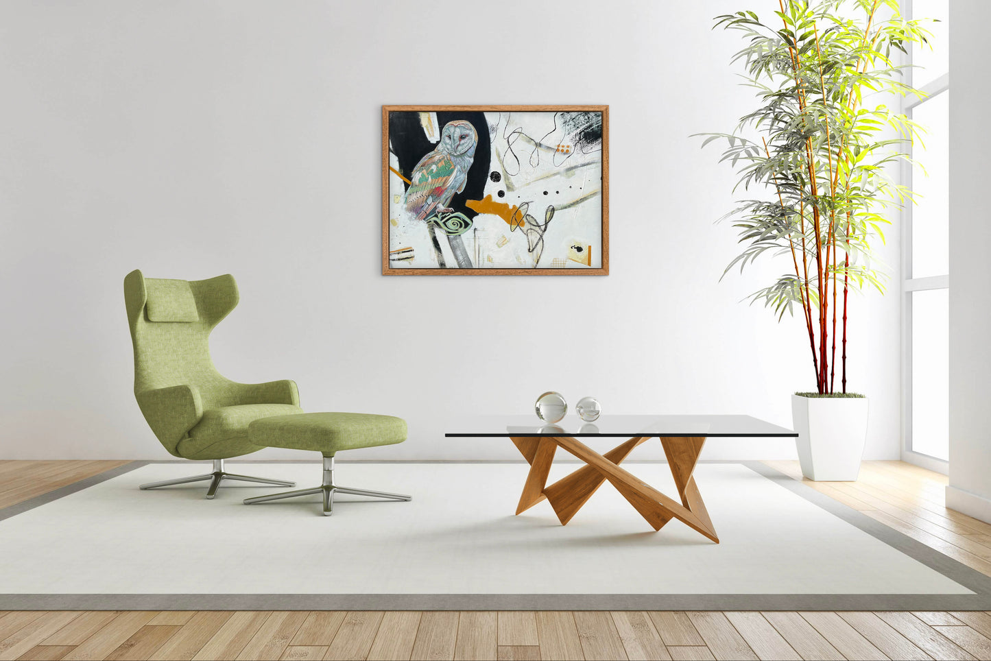 Modern living room with a green armchair, wooden coffee table, and abstract art on the wall.