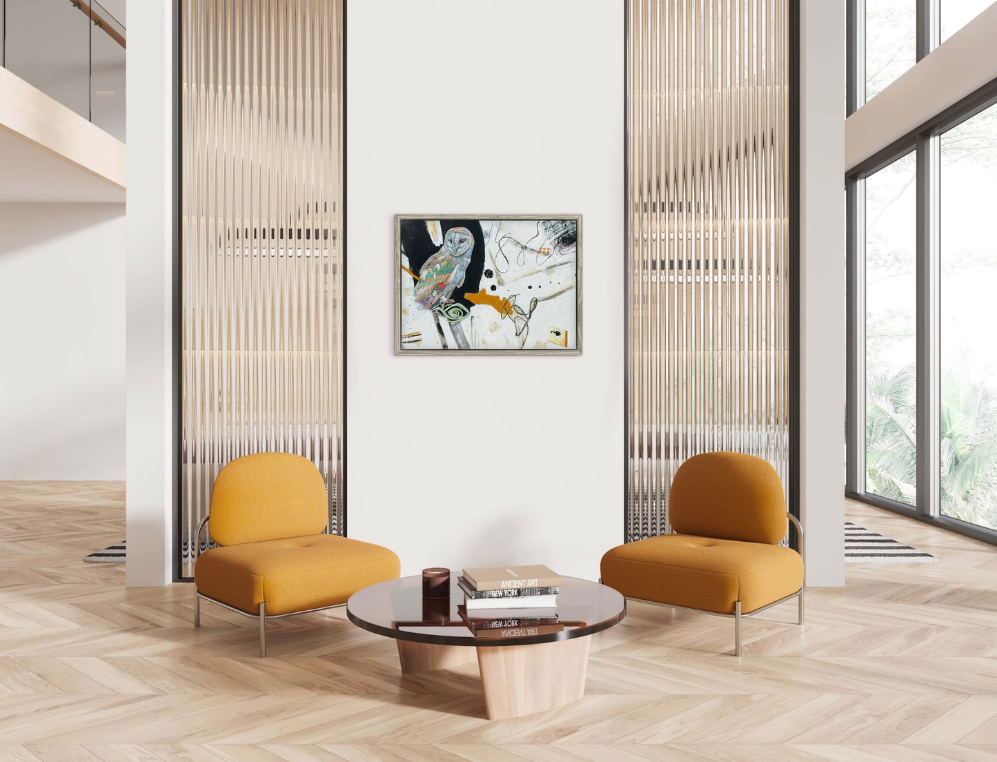 Modern interior with two yellow chairs and a round coffee table in a room with large windows.