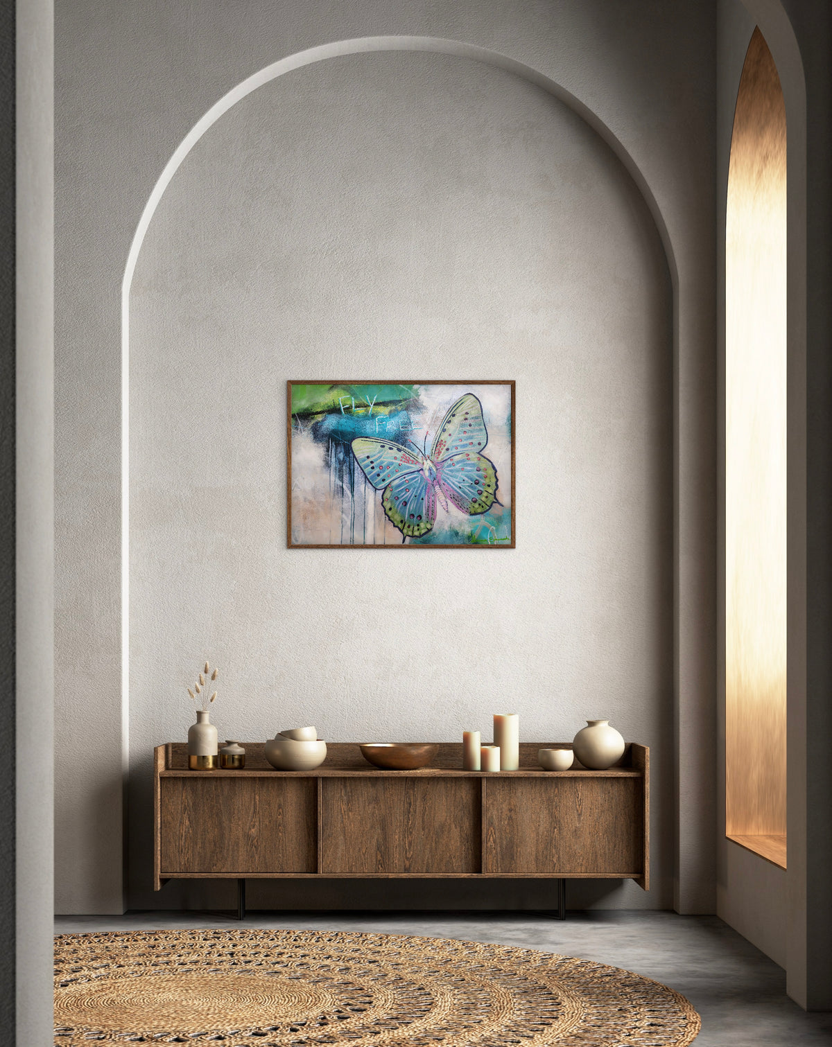 Fly Free butterfly artwork in blue, green and pink by Australian artist Hanna Edwards, on wall modern interior.