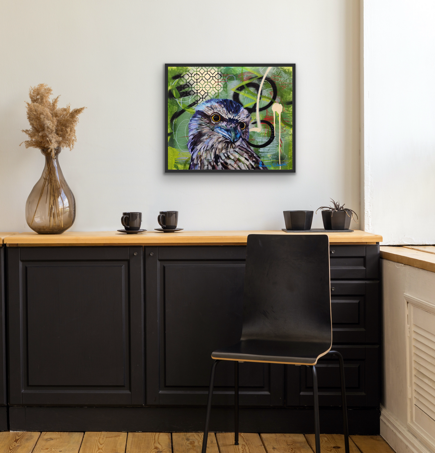 Tawny frogmouth bird styled scene