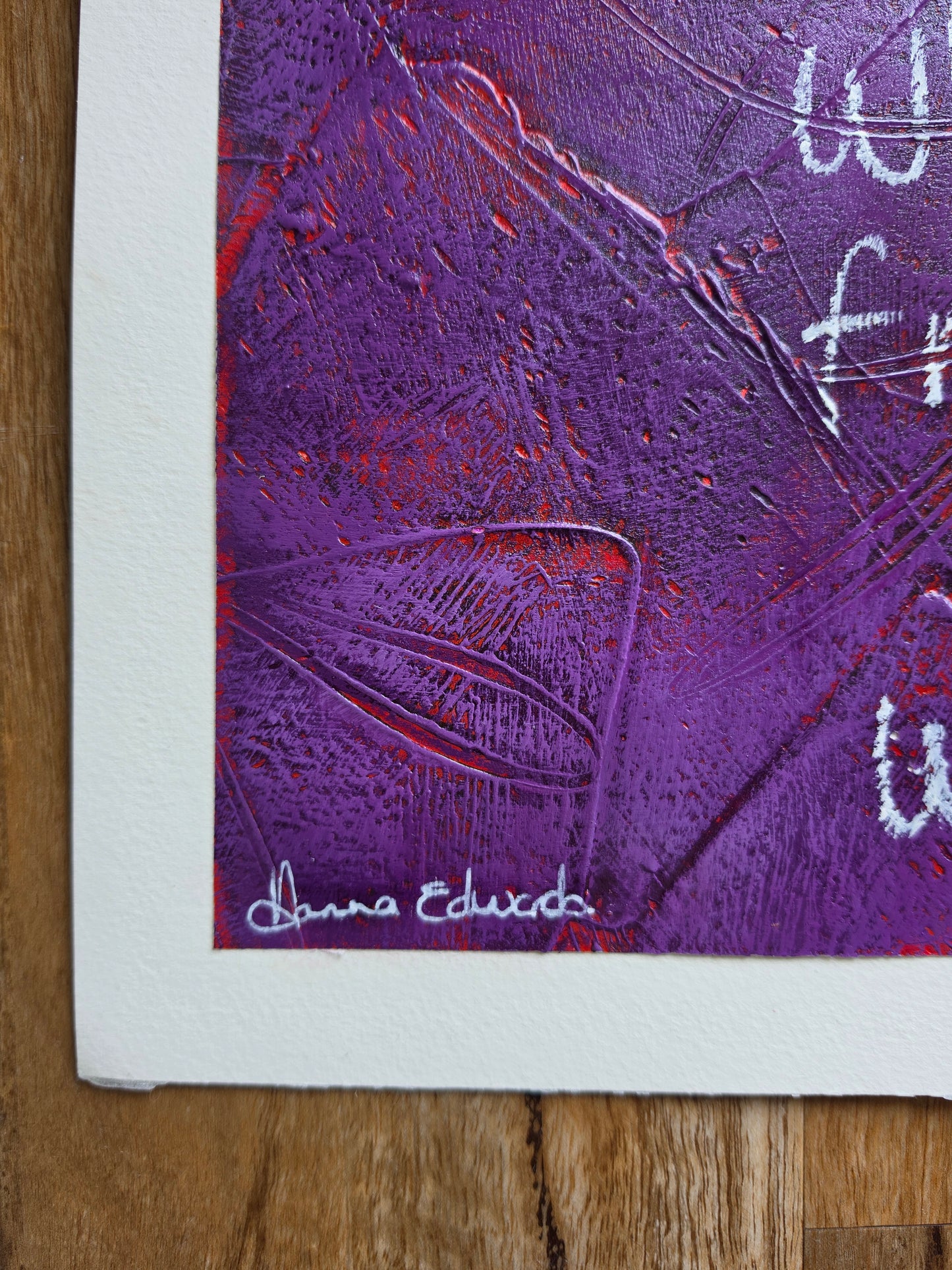 Purple painting with red popping through and heavily textured with quote in white handwriting artist signature Hanna Edwards