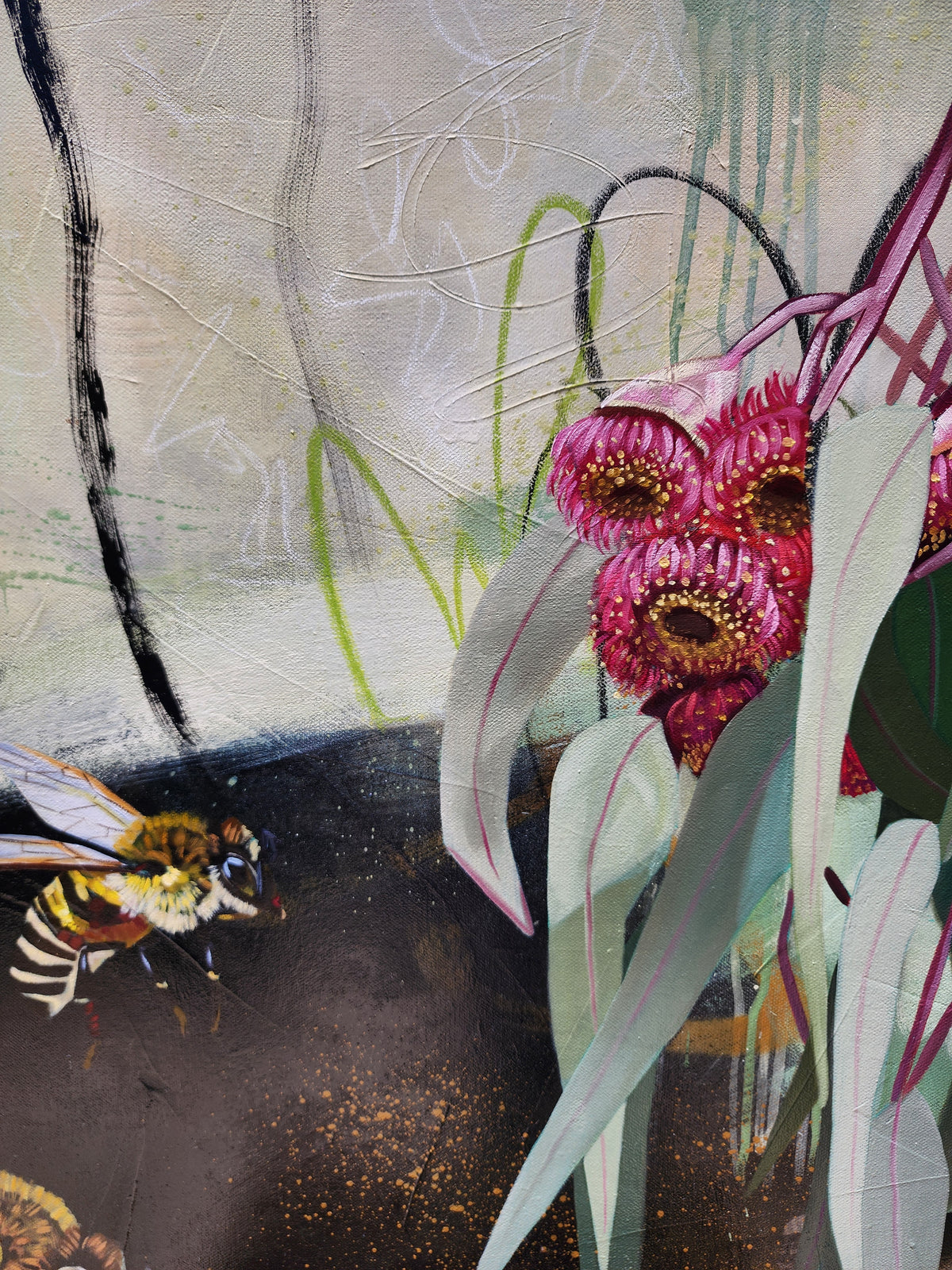 Beauty in the small things is a bee and gum leaf painting by Australian artist Hanna Edwards close up of gum leaves