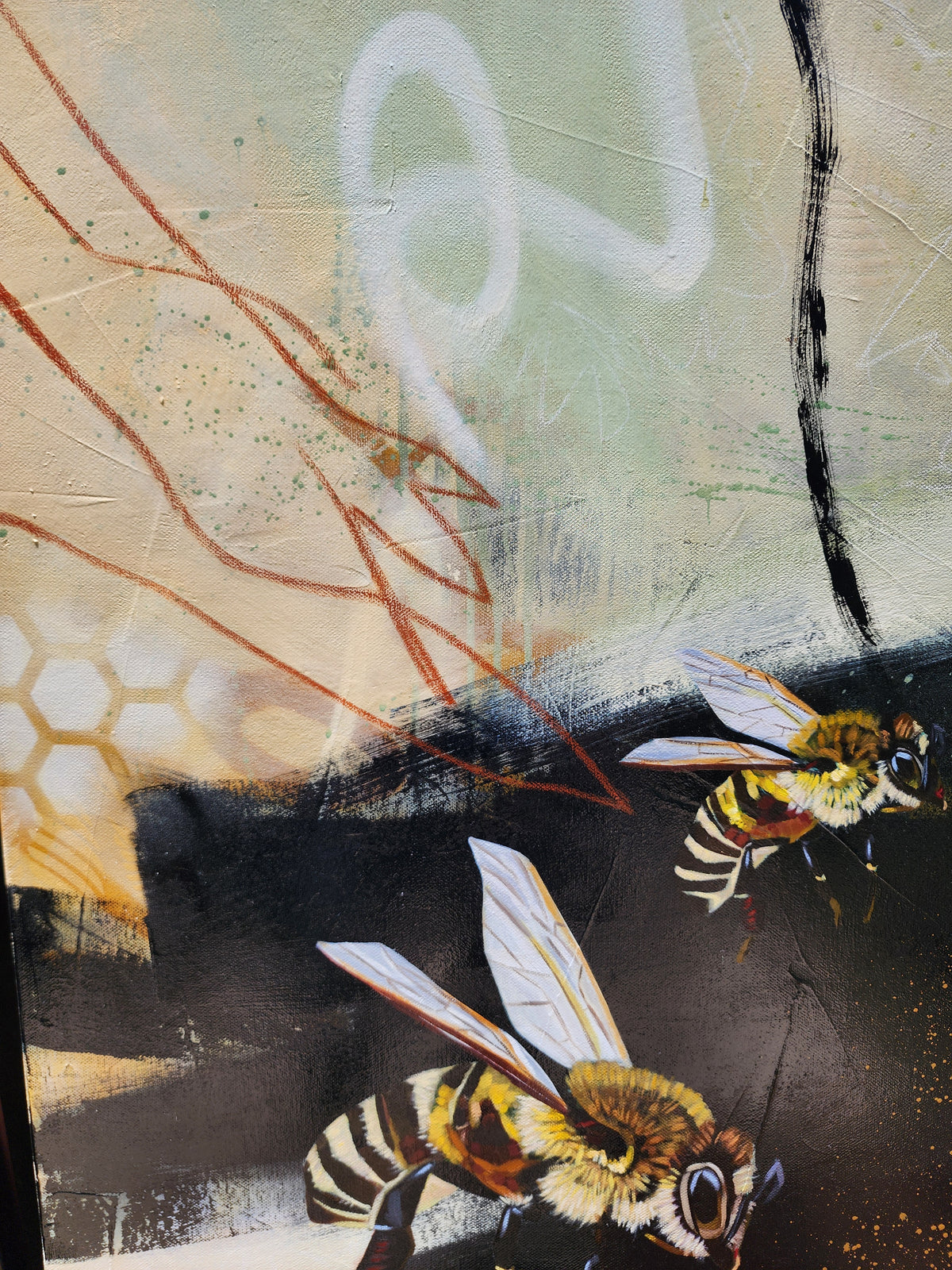 Beauty in the small things is a bee and gum leaf painting by Australian artist Hanna Edwards close up details