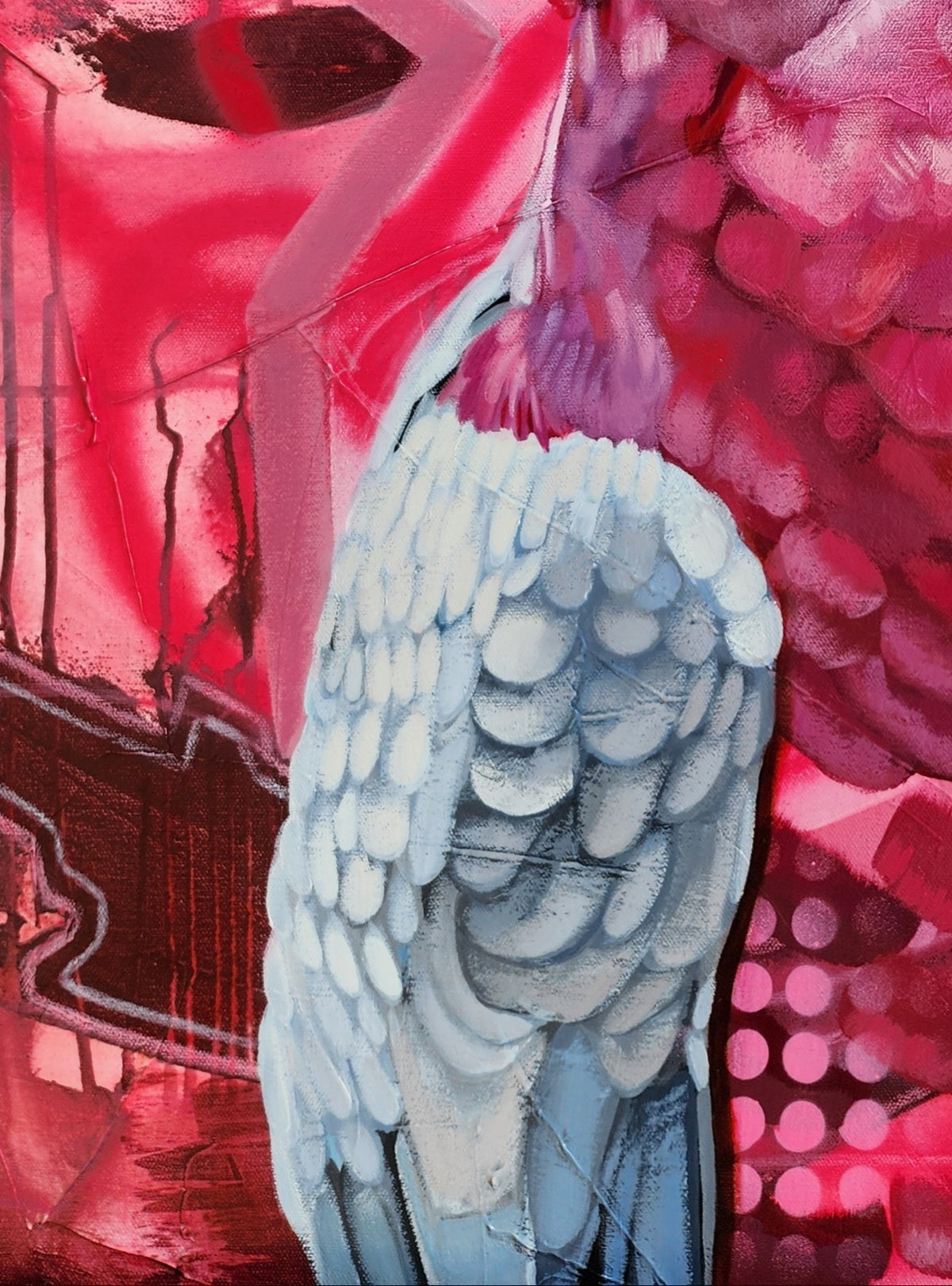 Pave Your Own Way colourful galah painting by Australian artist Hanna Edwards cose up of wing