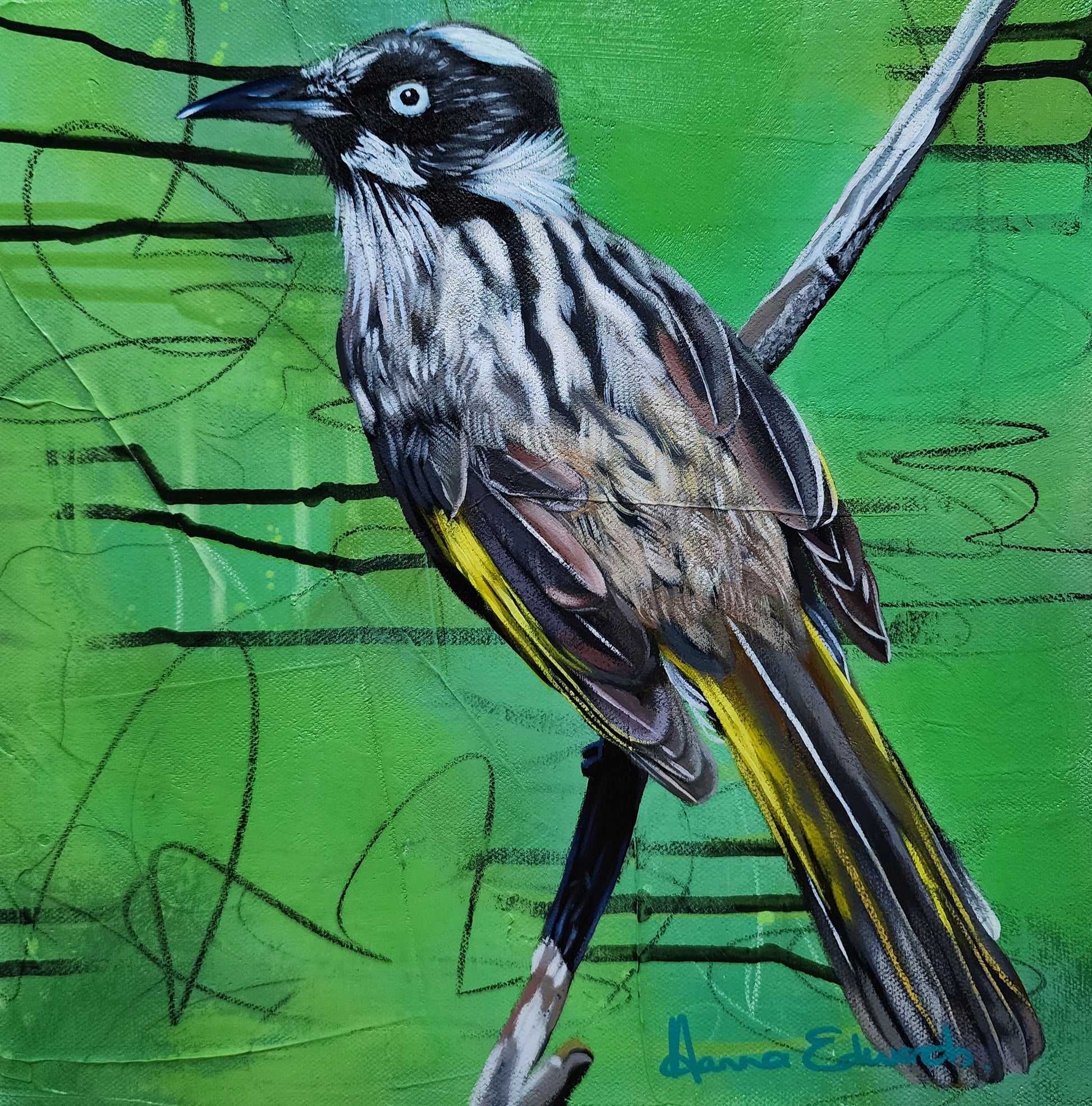 Artistic depiction of a bird on a green background