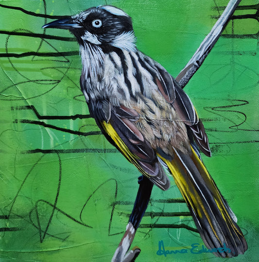 Artistic depiction of a bird on a green background