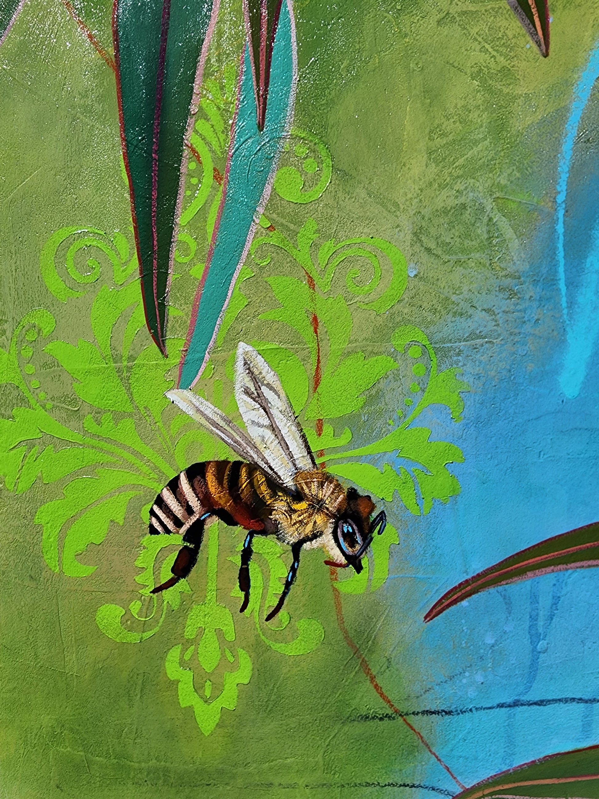 Painting of a bee on a green abstract background