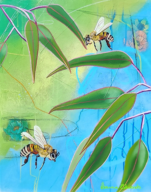 Two bees on leaves with a colorful blue and green abstract background