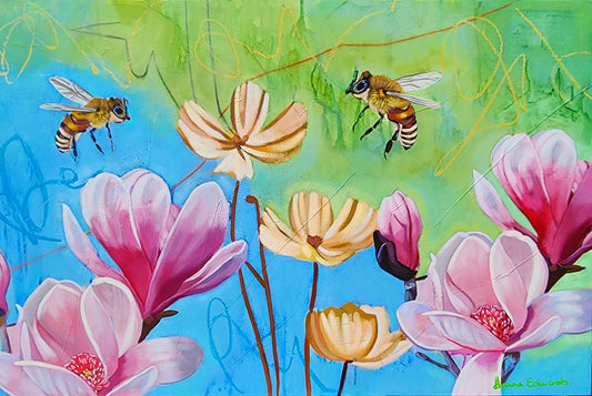 Colorful painting of flowers and bees with a blue and green background