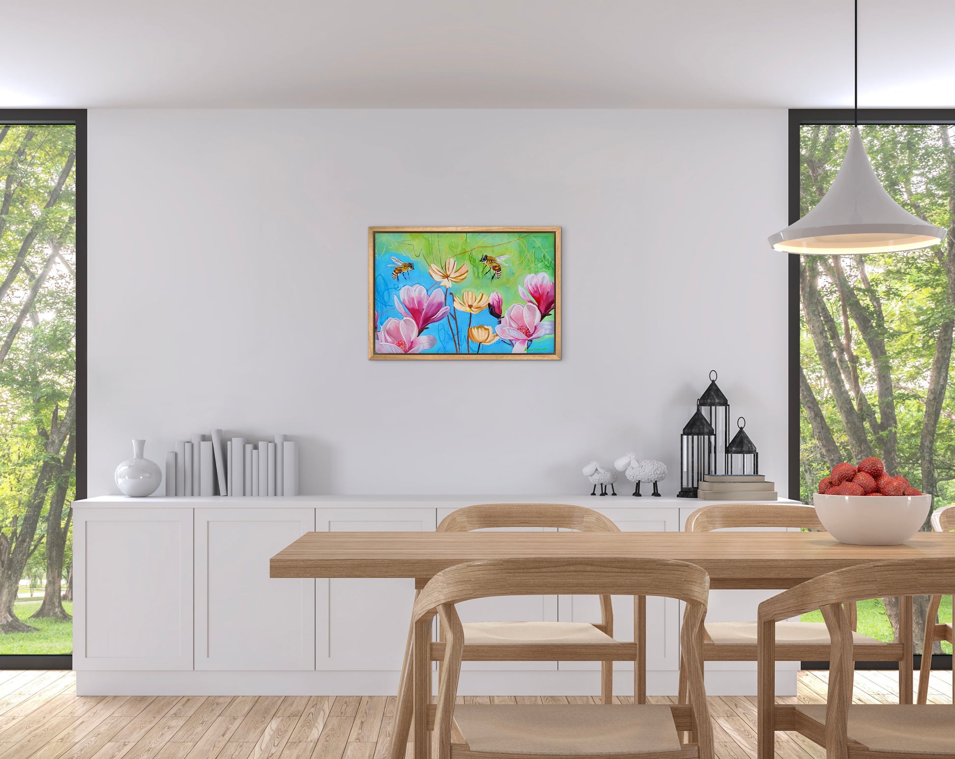 Dining room with a table, chairs, and a colorful floral painting on the wall.