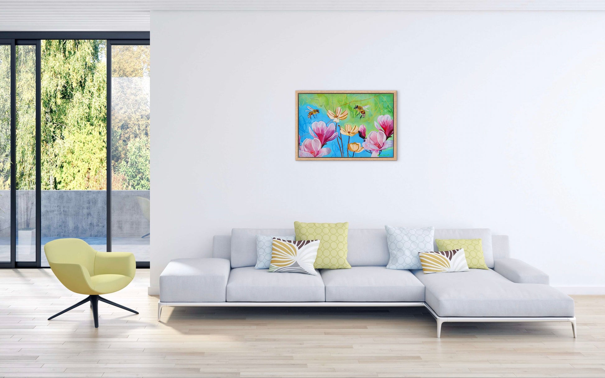 Modern living room with a white sofa, yellow armchair, and colorful abstract painting on the wall.