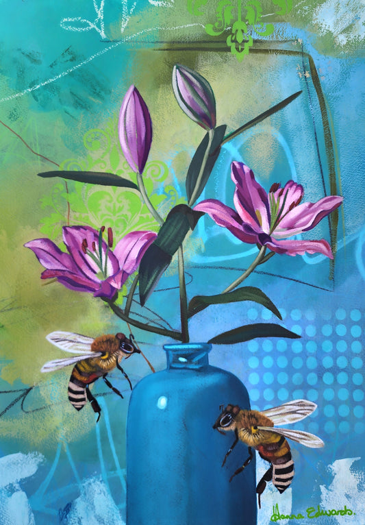 Artistic depiction of purple flowers in a blue vase with bees, on a colorful abstract background.