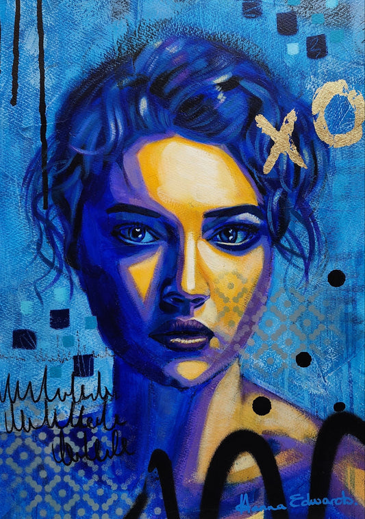 Colourful female portrait with bold blue and yellow tones and expressive texture, artwork by Australian artist Hanna Edwards