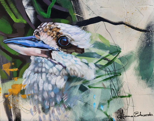 Exploration and Expression kookaburra fine art print with expressive green, blue and black marks by Australian artist Hanna Edwards