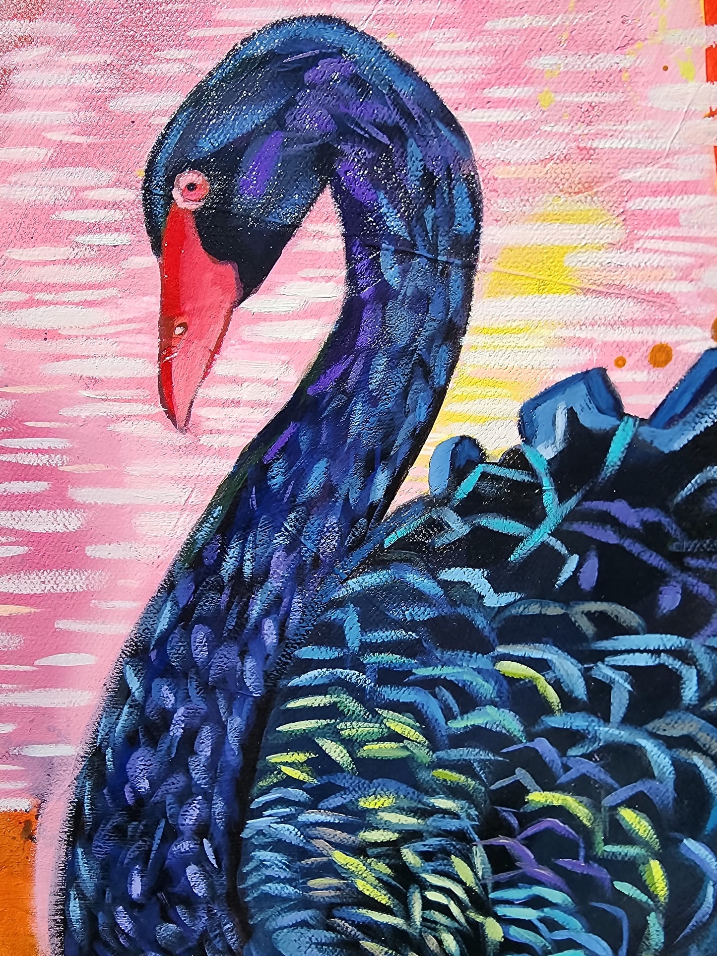 Colorful illustration of a swan on a pink background