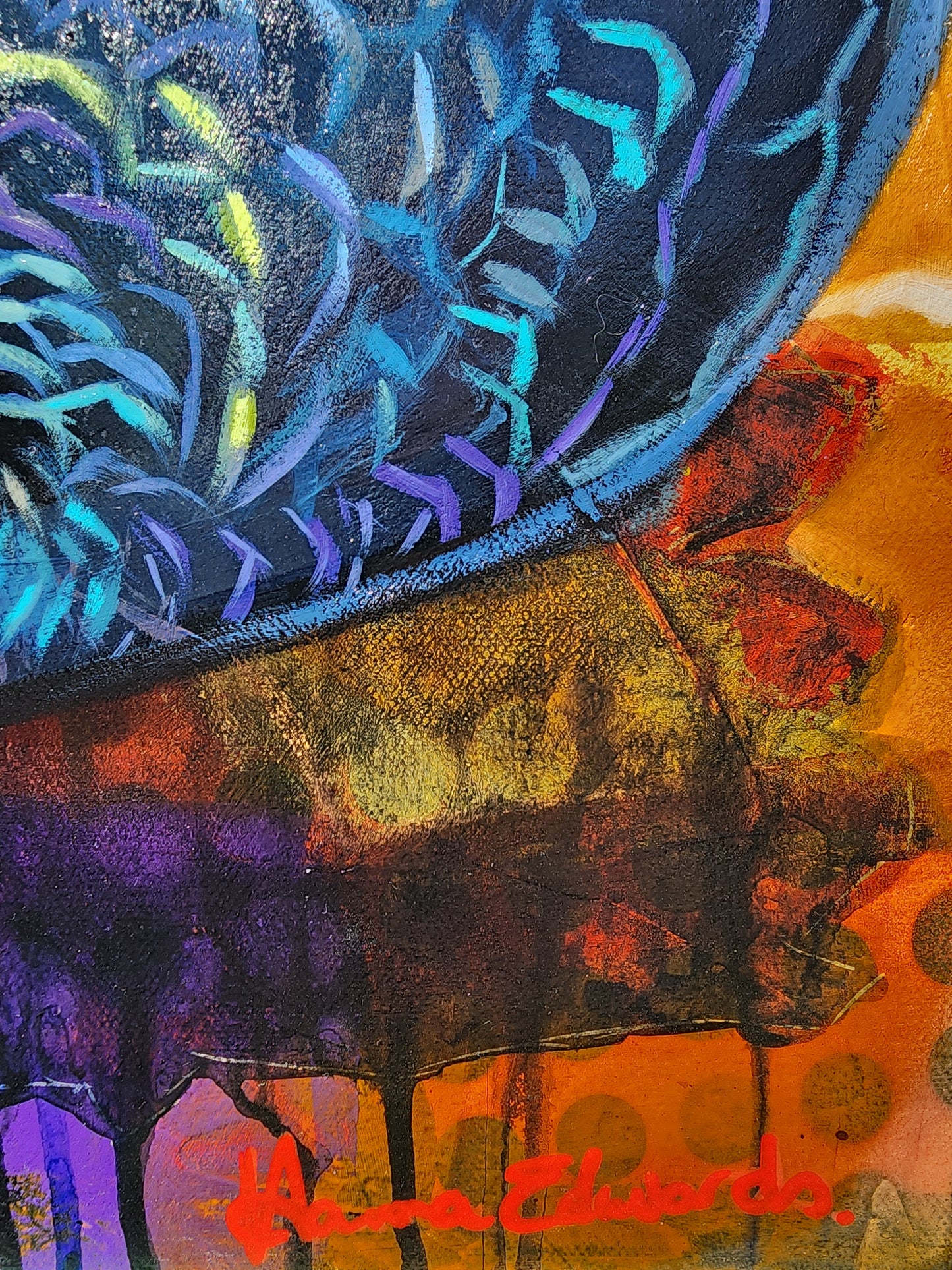 Abstract artwork with blue, purple, and orange colors