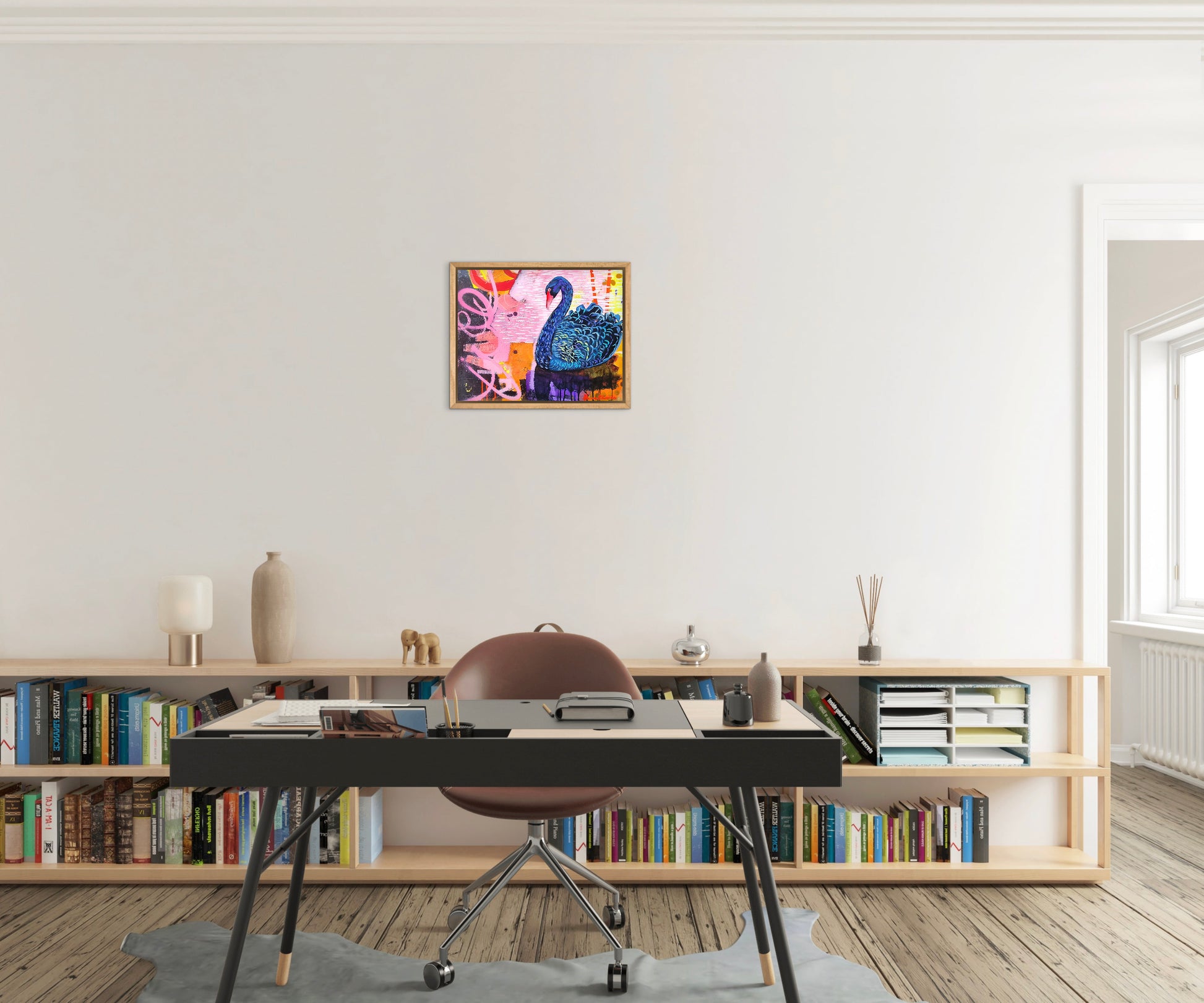 Modern office space with a desk, chair, and bookshelf against a white wall.