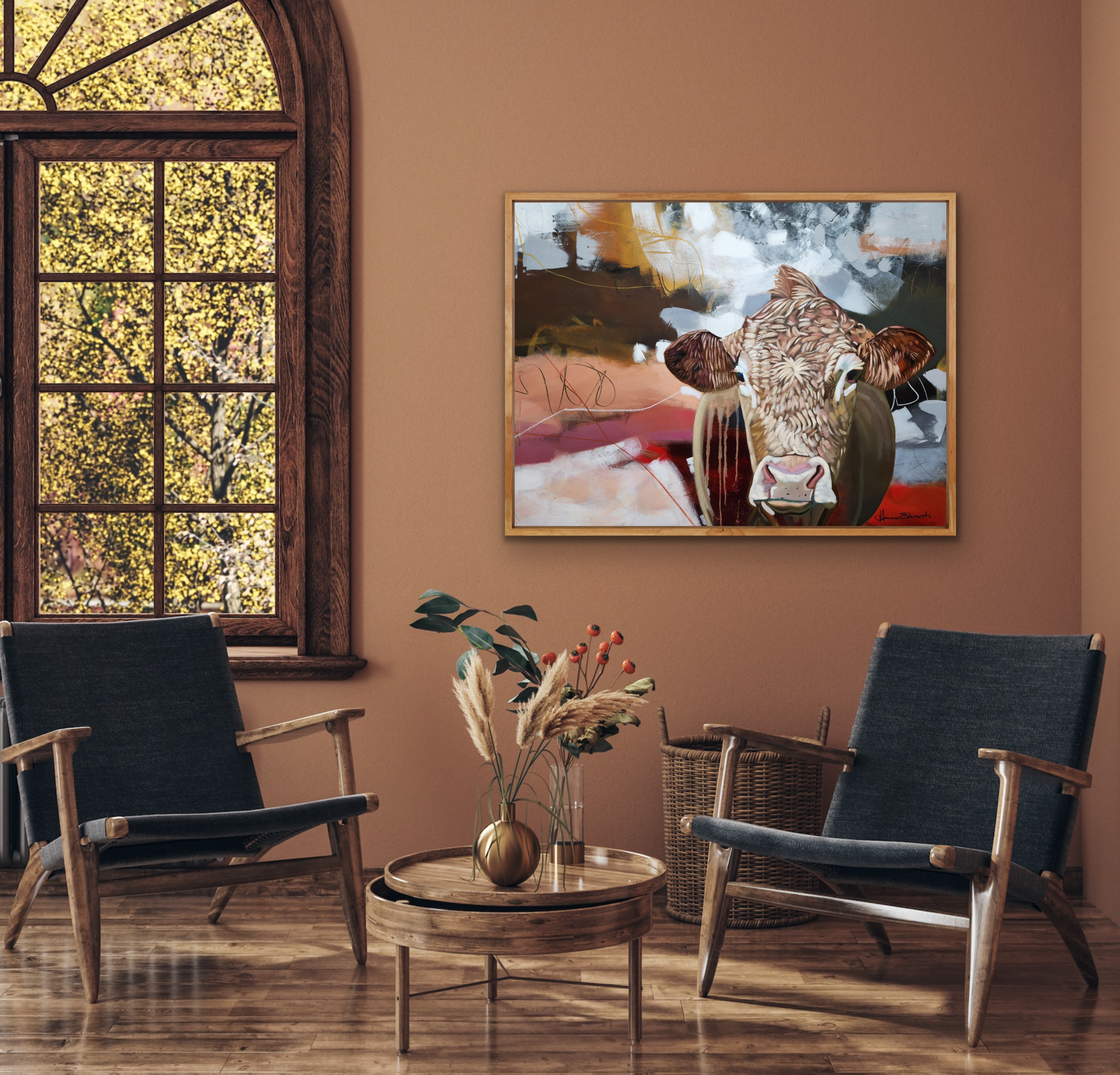 Staged setting painting in mock up frame