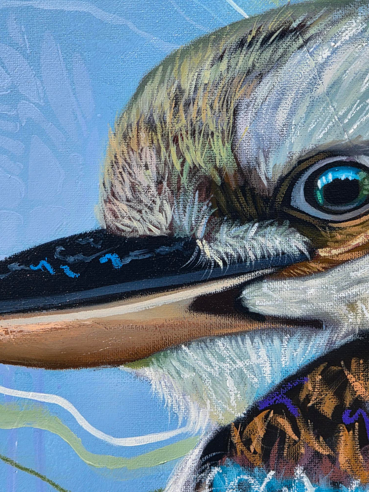 Close-up detail of “Liberation,” an original mixed media oil painting by Australian artist Hanna Edwards, showing a kookaburra’s bright blue eye, textured feathers and beak with expressive blue marks against a soft blue background.