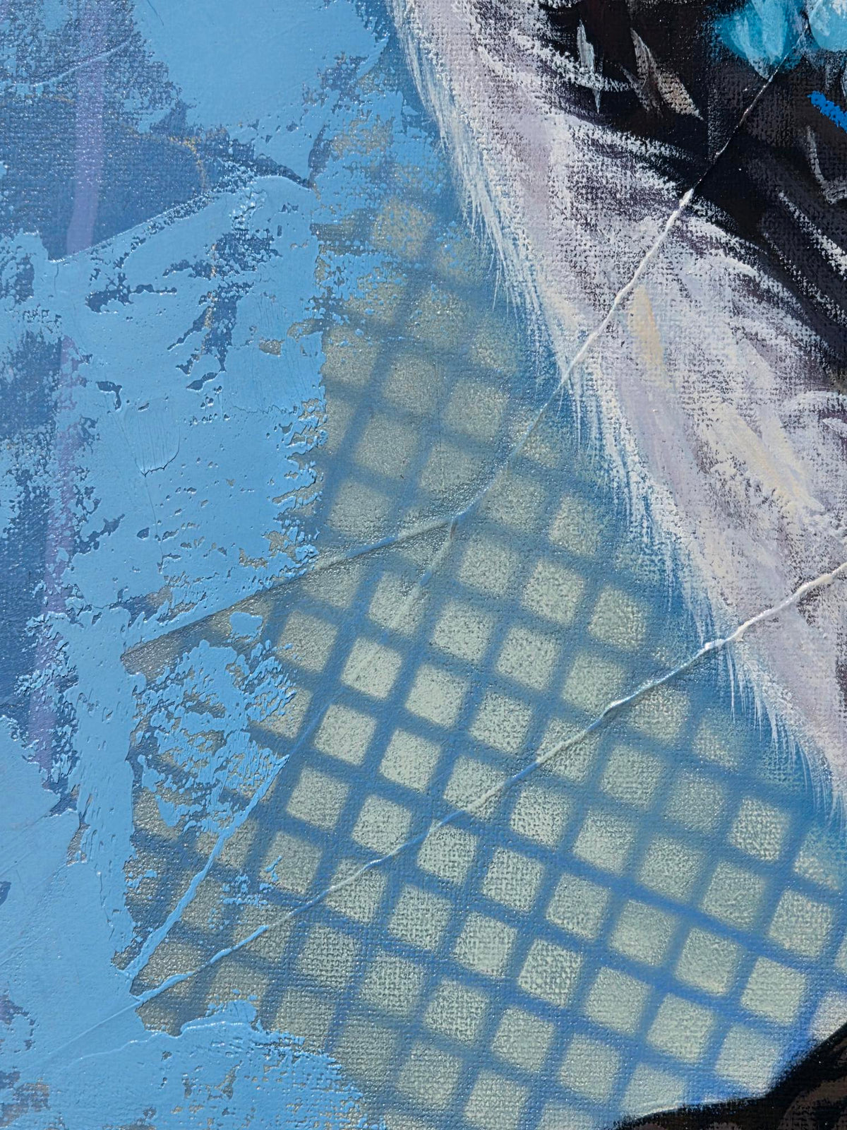 Close-up detail of “Liberation,” an original mixed media oil painting by Australian artist Hanna Edwards, showing layered pale blue paint, textured brushstrokes and a soft yellow grid pattern beneath the kookaburra’s feathers.