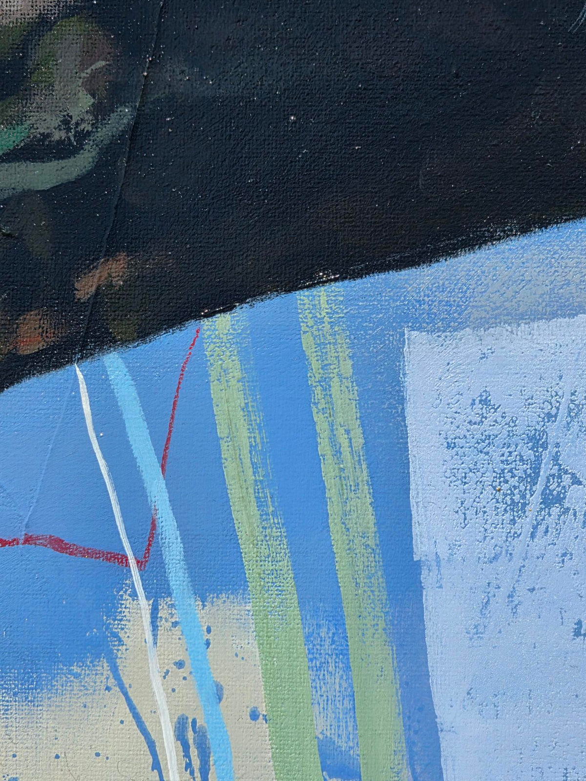 Close-up detail of “Liberation,” an original mixed media oil painting by Australian artist Hanna Edwards, showing textured dark paint above a blue and yellow background with expressive red lines, white marks and layered brushstrokes.