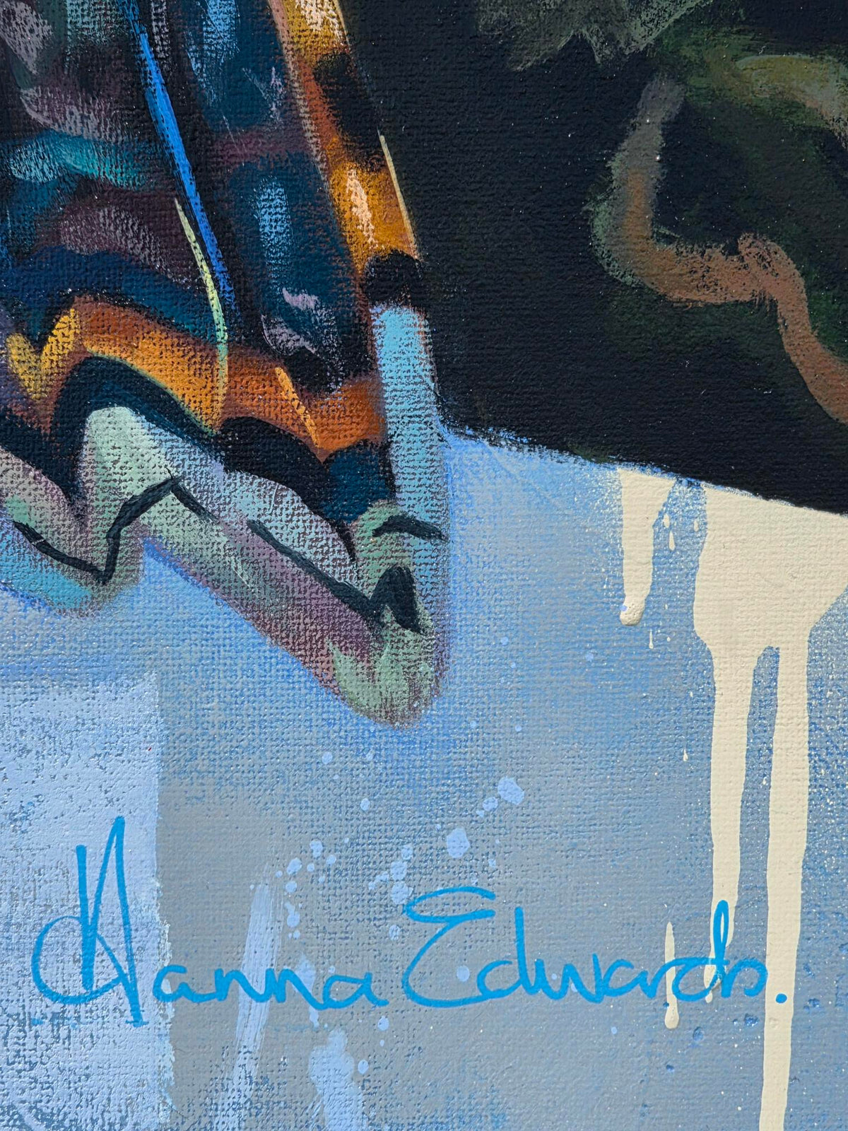 Close-up detail of “Liberation,” an original mixed media oil kookaburra painting by Australian artist Hanna Edwards, showing colourful blue and orange feather details, expressive marks and the artist’s blue signature against a pale blue background.