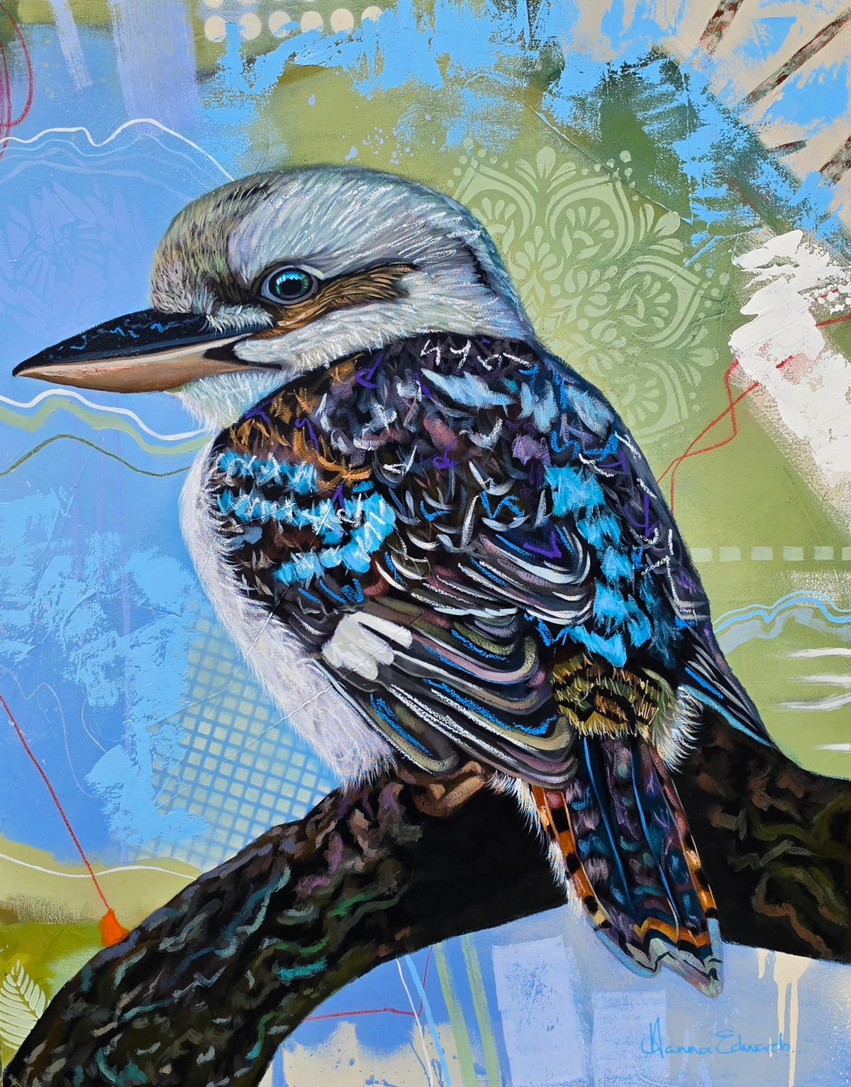 “Liberation” original mixed media oil painting of a kookaburra perched on a tree branch against a colourful background of blue, green and yellow, with expressive marks and layered textures, by Australian artist Hanna Edwards.